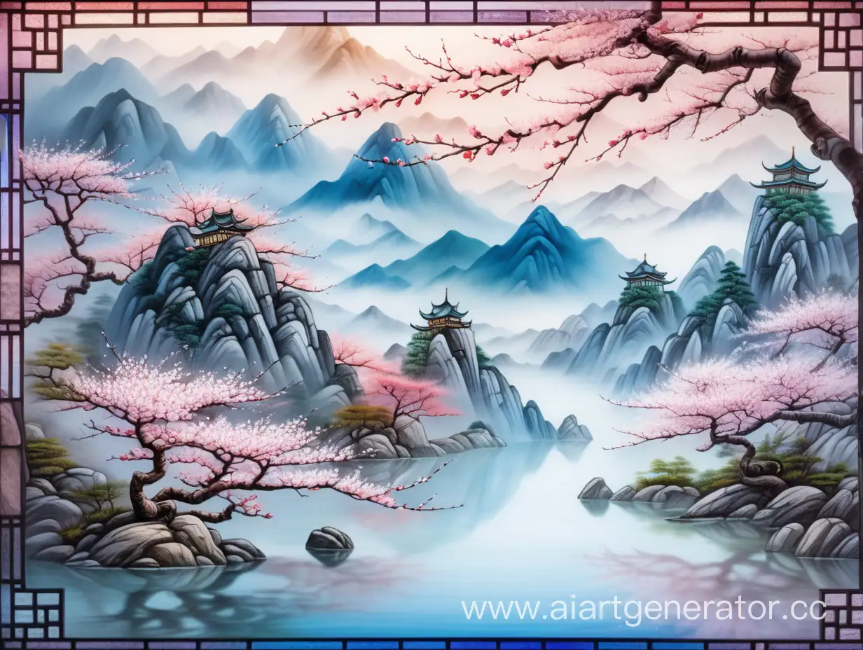 Китайские горы в стиле ВИТРАЖ, туман, взгляд снизу вверх, без рамки, широкое изображение, без неба, озеро,  ветка сакуры переднем плане, витраж вся картина.
