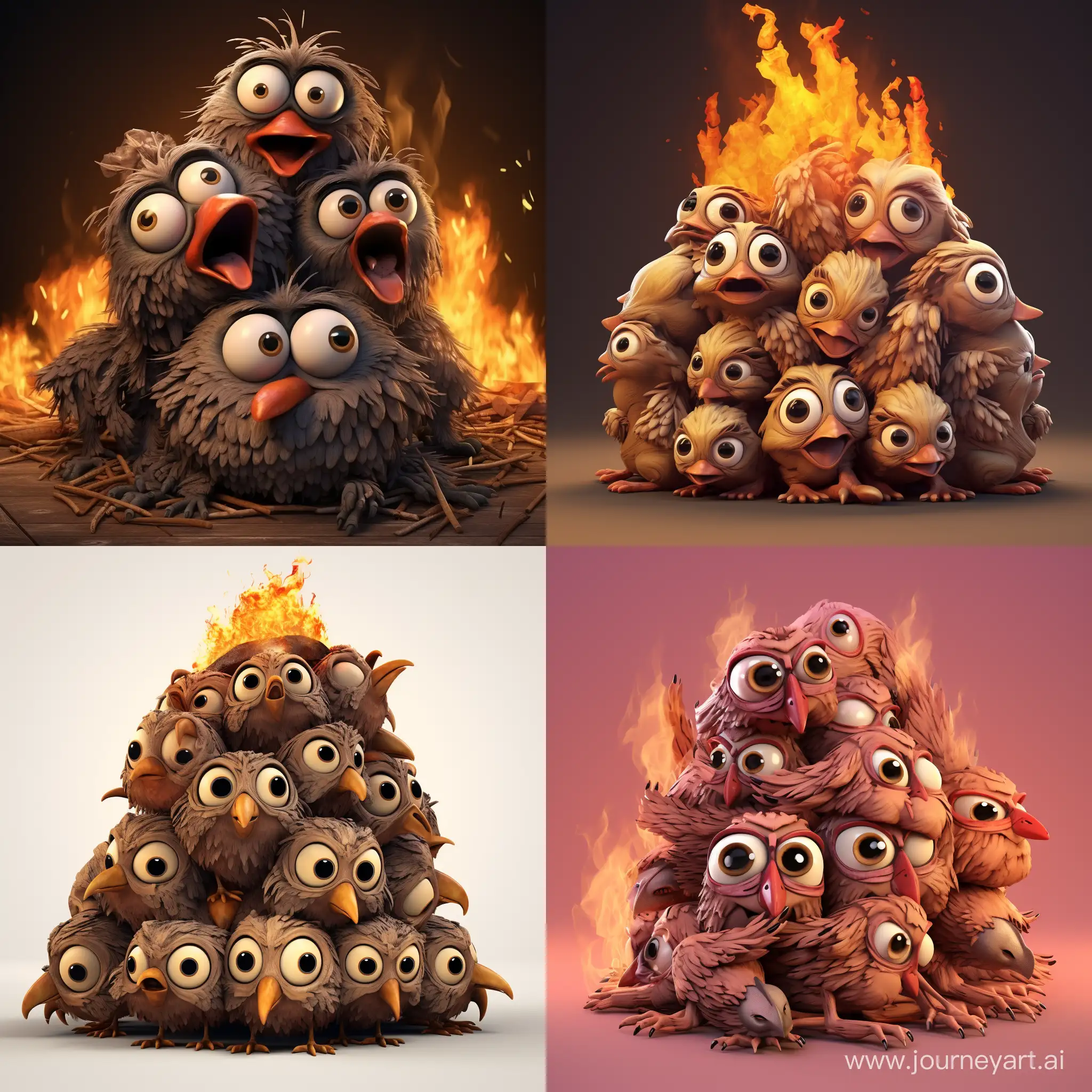a small bunch of smoky chicken carcasses piled in a pile, 3D modern cartoon style, cartoon style big eyes, detailed design, 3d rendered, detailed, isolated from the background
