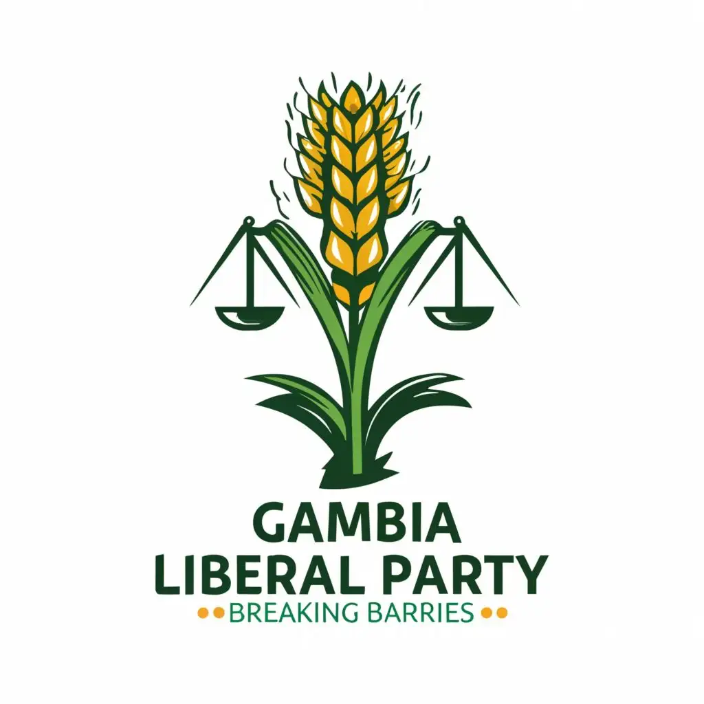 a logo design,with the text "GAMBIA LIBERAL PARTY
BREAKING BARRIERS", main symbol:Green maize and scale,Moderate,clear background