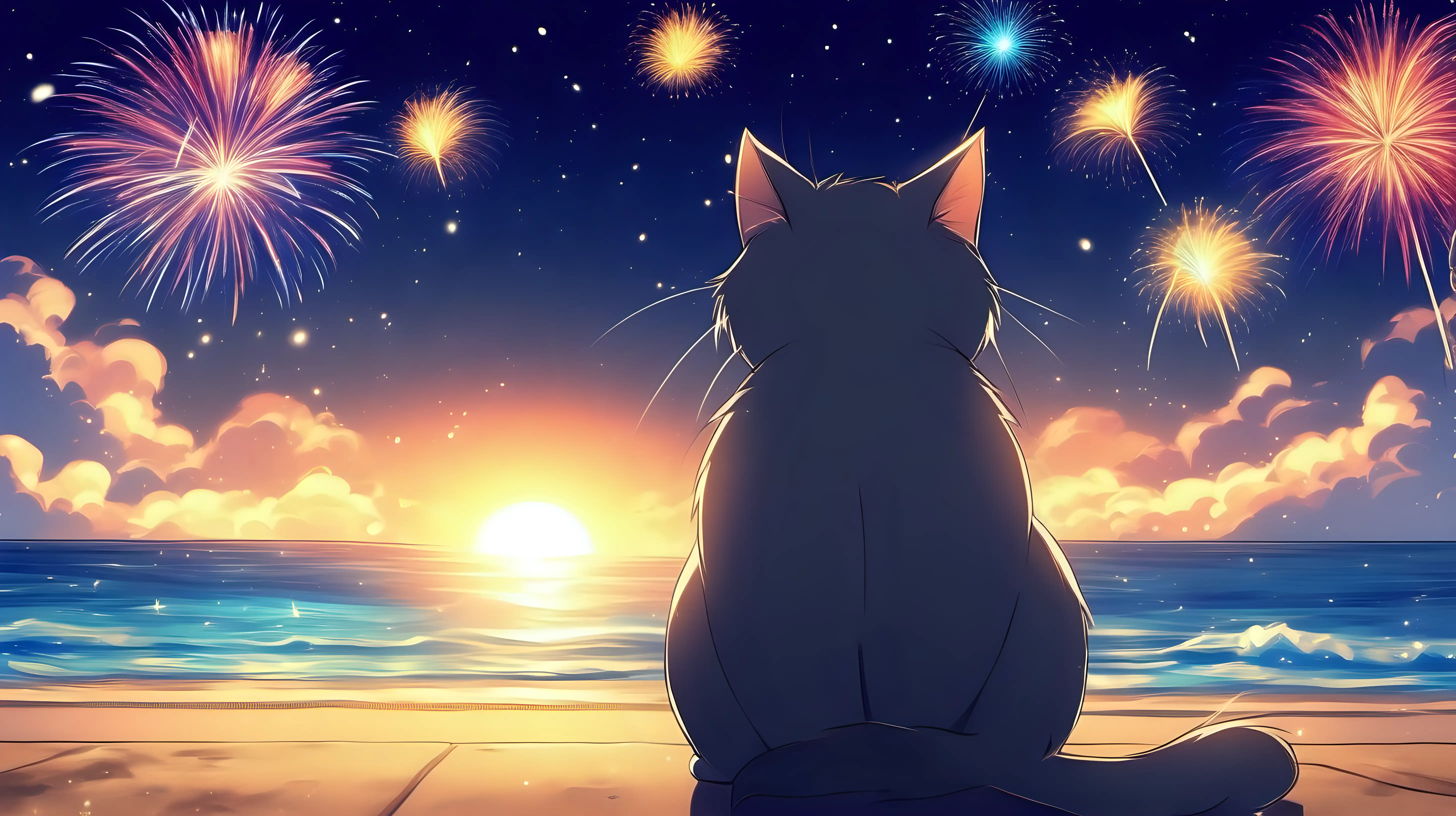 a cute cat in sad mood watching toward sky ,firework in sky,night,beach,cat should be the main focus