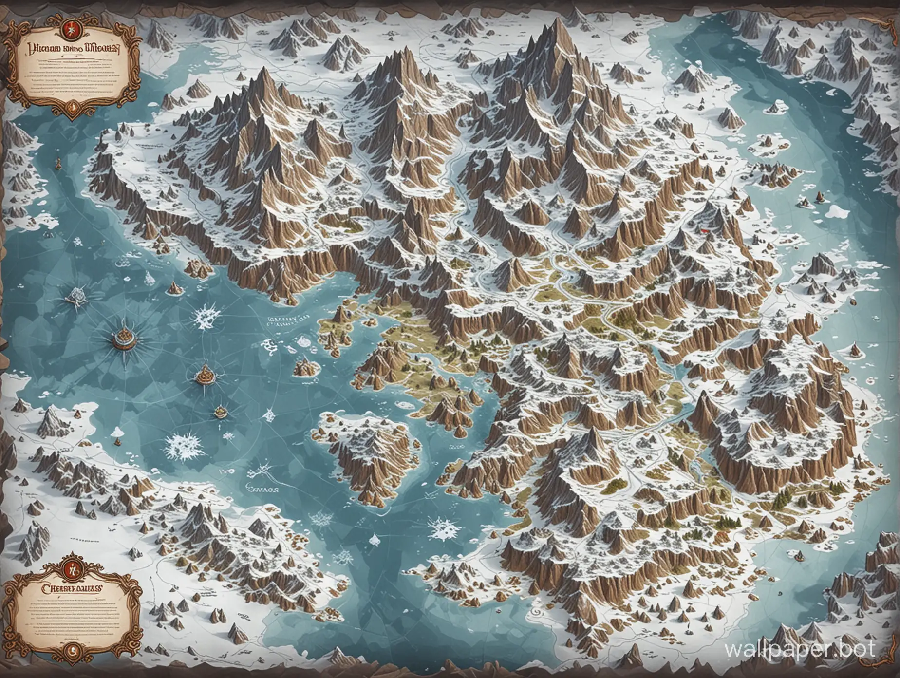 Fantasy world map in the style of Dungeons & Dragons, locations with different landscapes and climates, a separate location with snow and glaciers.