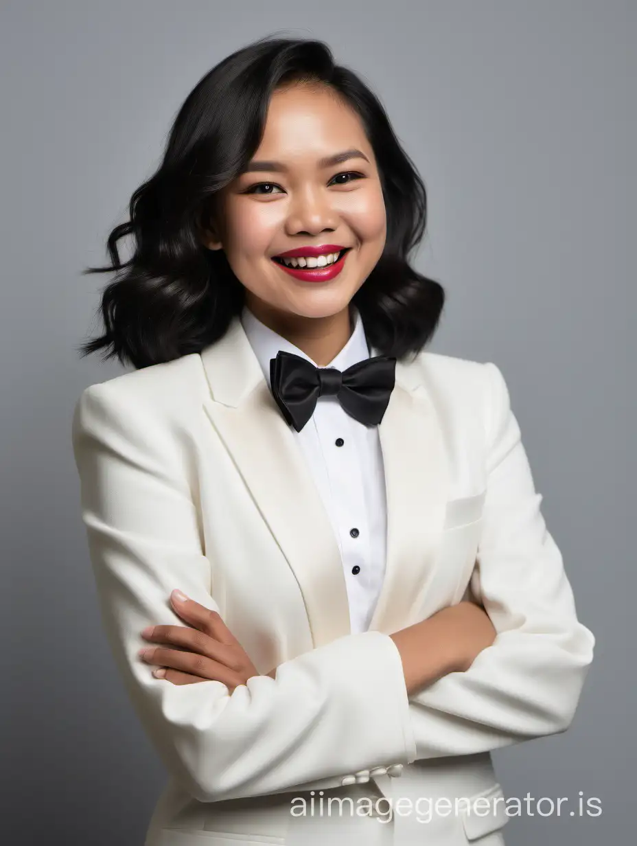 smiling and laughing filipino woman with shoulder length hair and lipstick crossing her arms, wearing an ivory tuxedo, wearing a white shirt, wearing a black bow tie