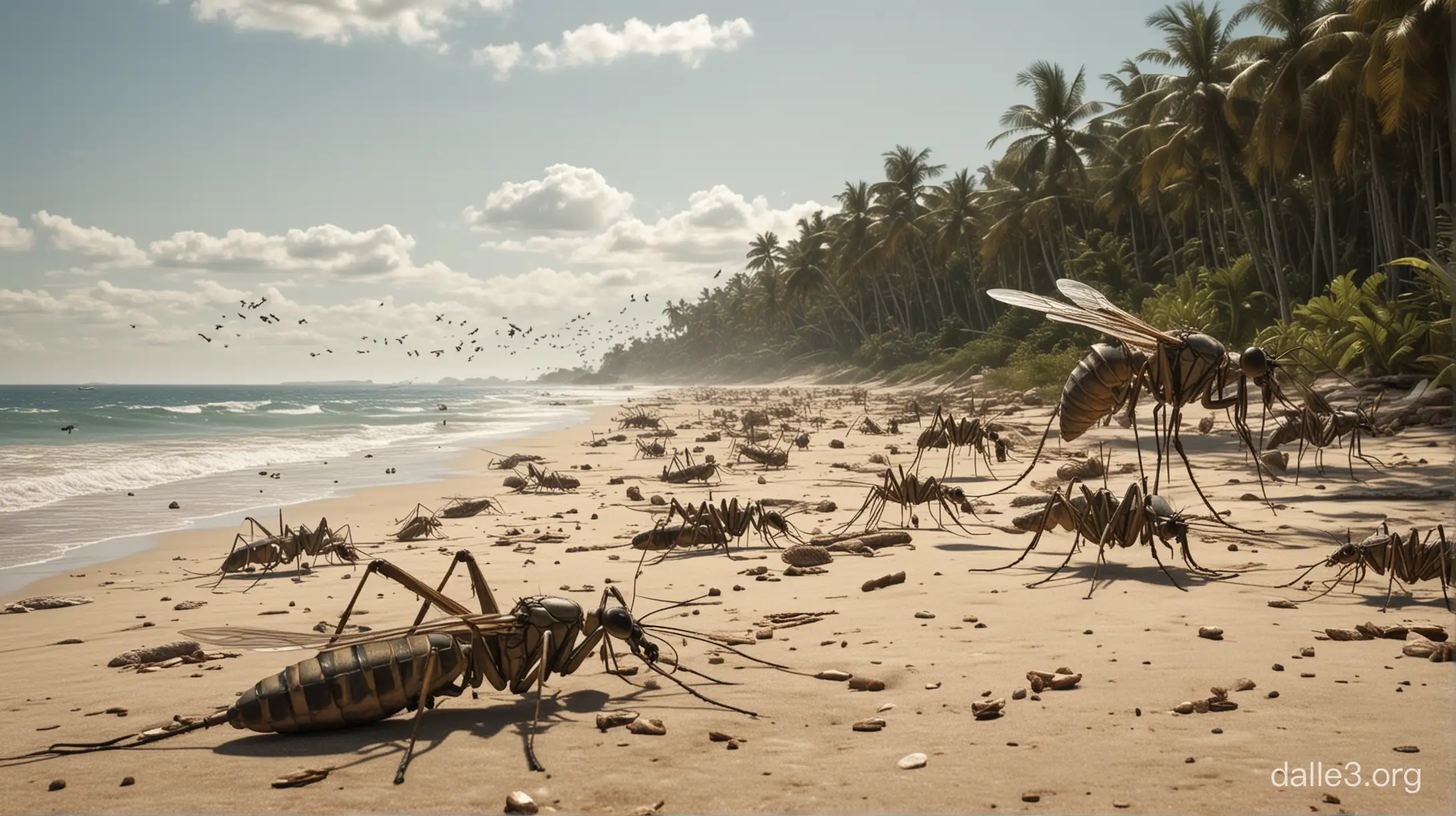 Invasion of giant mosquitoes on the beach, hyper realistic, intricate, detailed, ultrarealistic, photorealistic, I'm seeking to the coast.