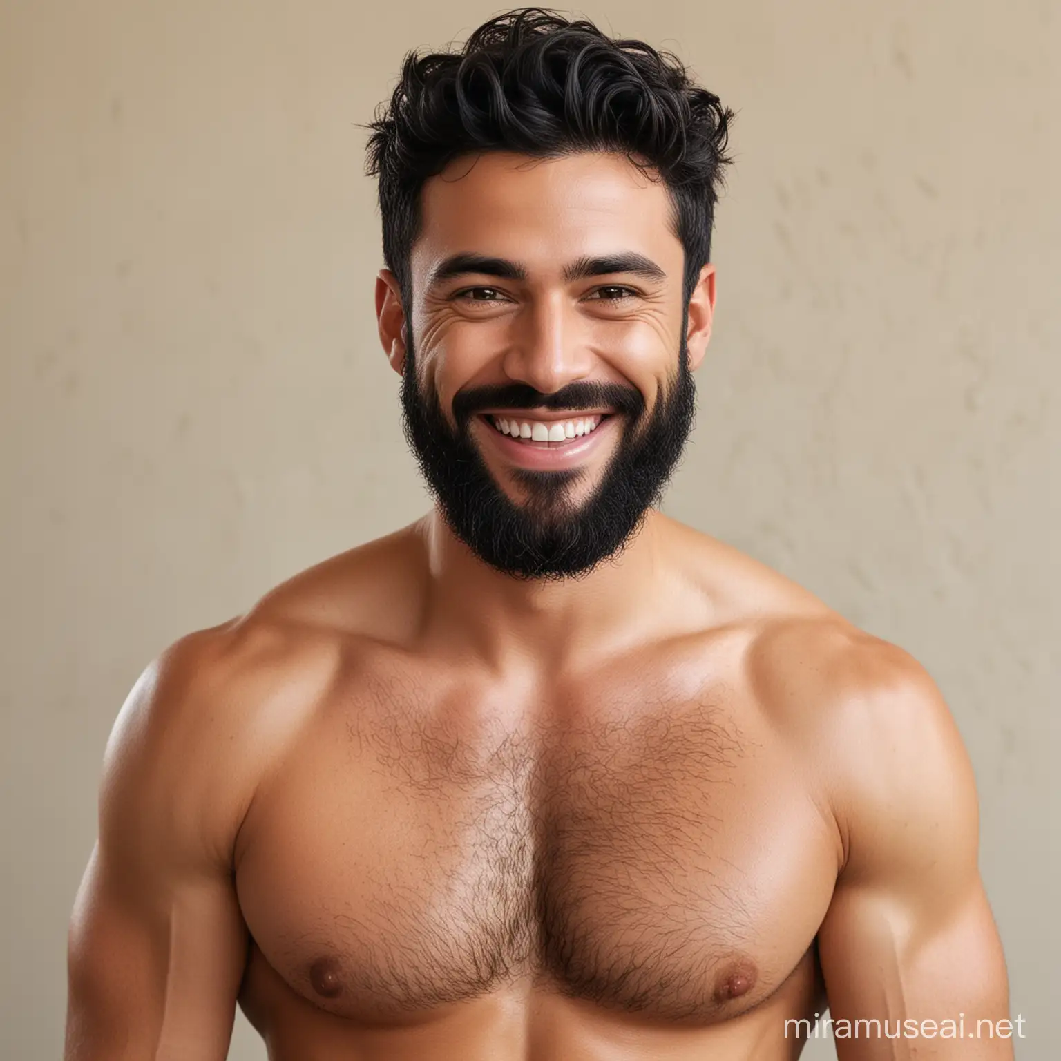 Smiling Athletic Man with Black Hair and Beard
