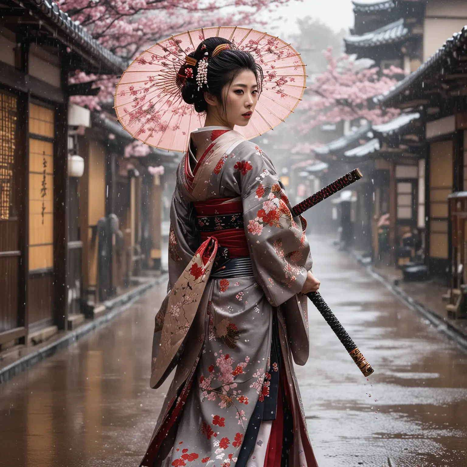 A beautiful geisha in Neo Edo, who is also a master swordsman, fighting a duel with a surprised samurai. They are in the streets of Neo Edo, with rain falling and blossom all over the ground 