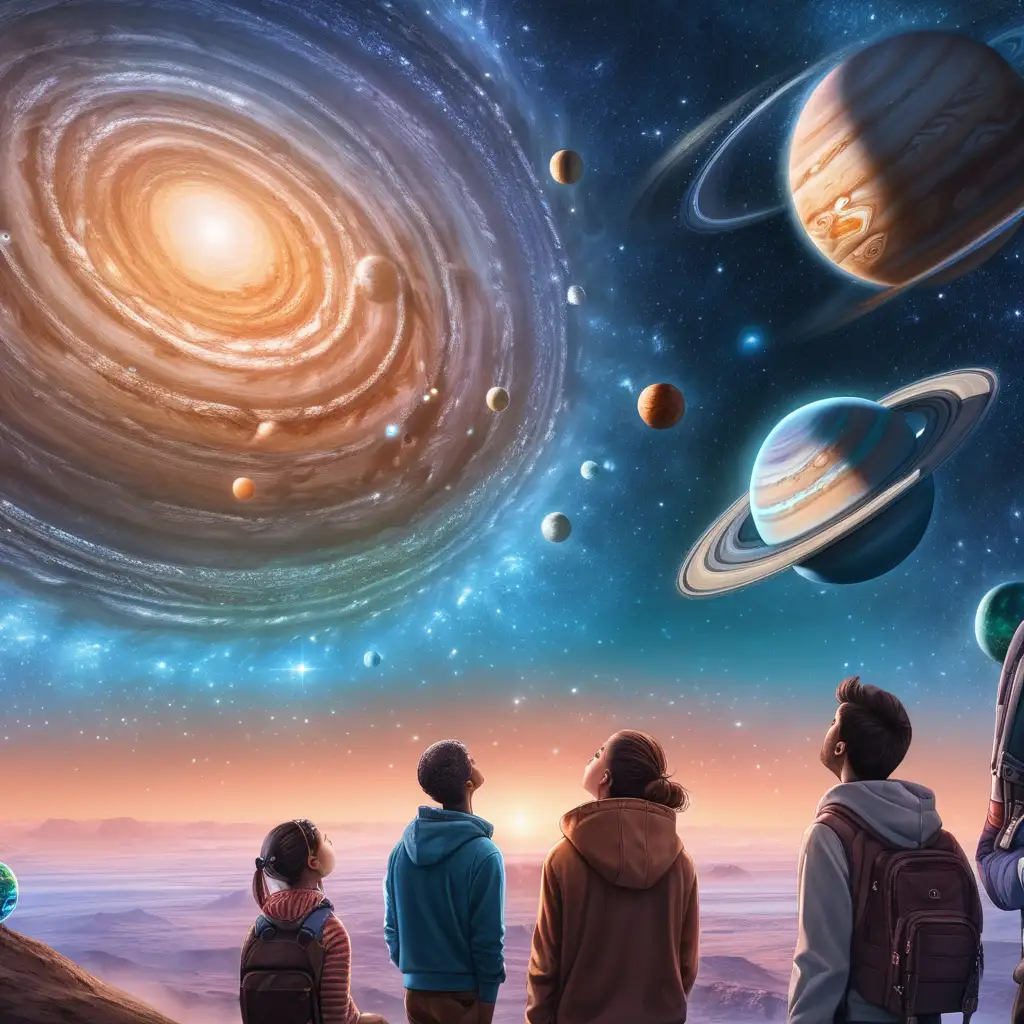 multiple people staring at the sky as multiple planets appear