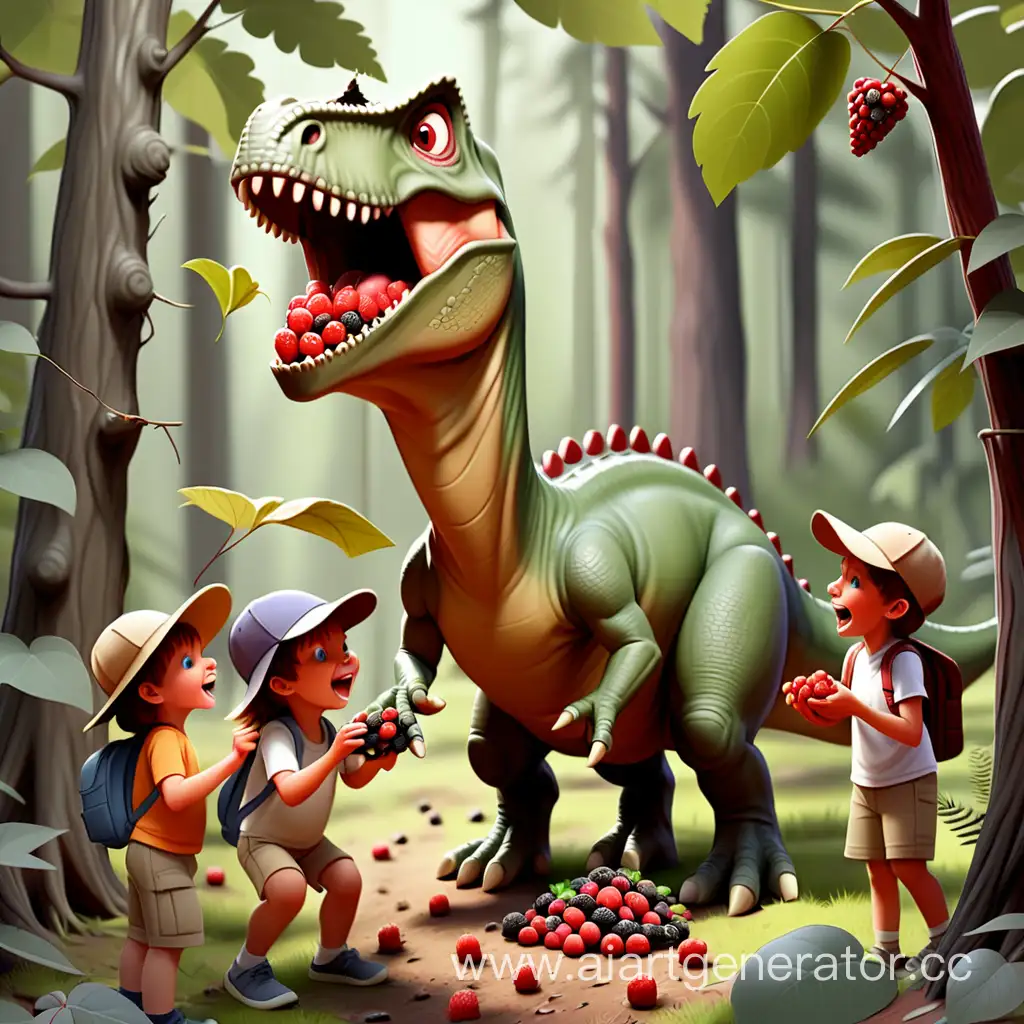 Dinosaur-and-Children-Harvesting-Berries-in-the-Enchanted-Forest