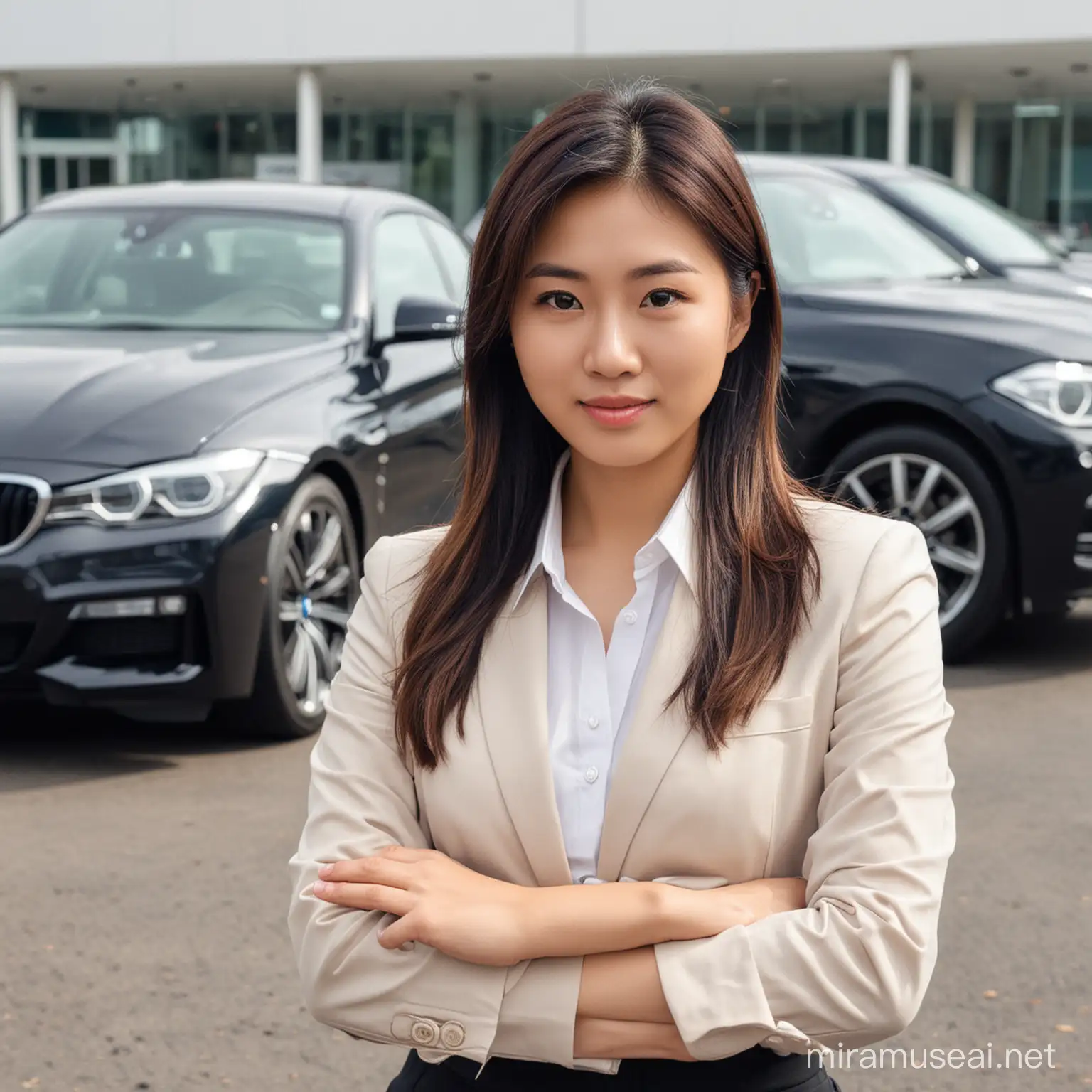 Young Asian Businesswoman with BMW Car