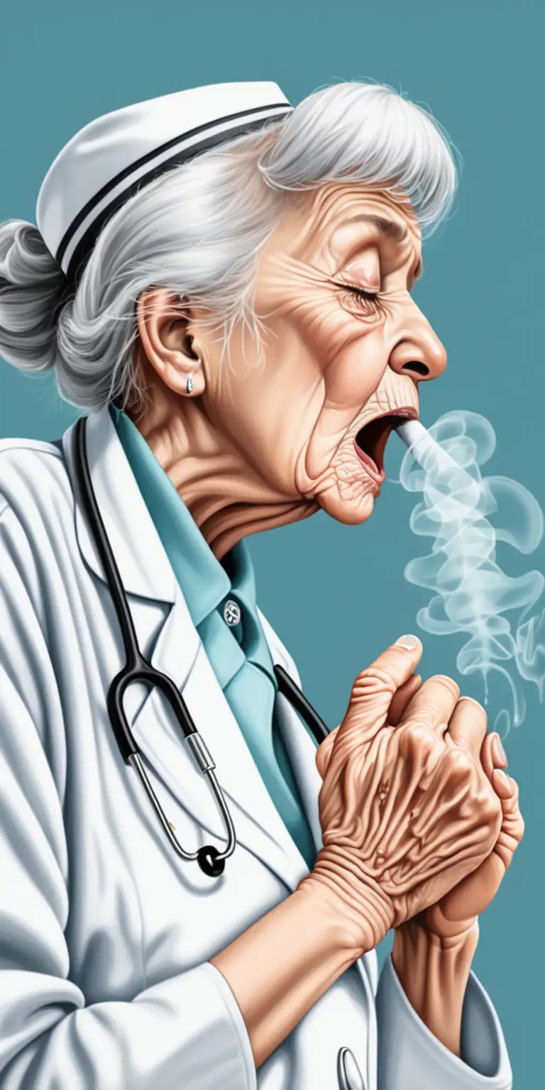 illustration of an 84 year old in a nurse uniform coughing or rubbing her throat because she has breathing issues




