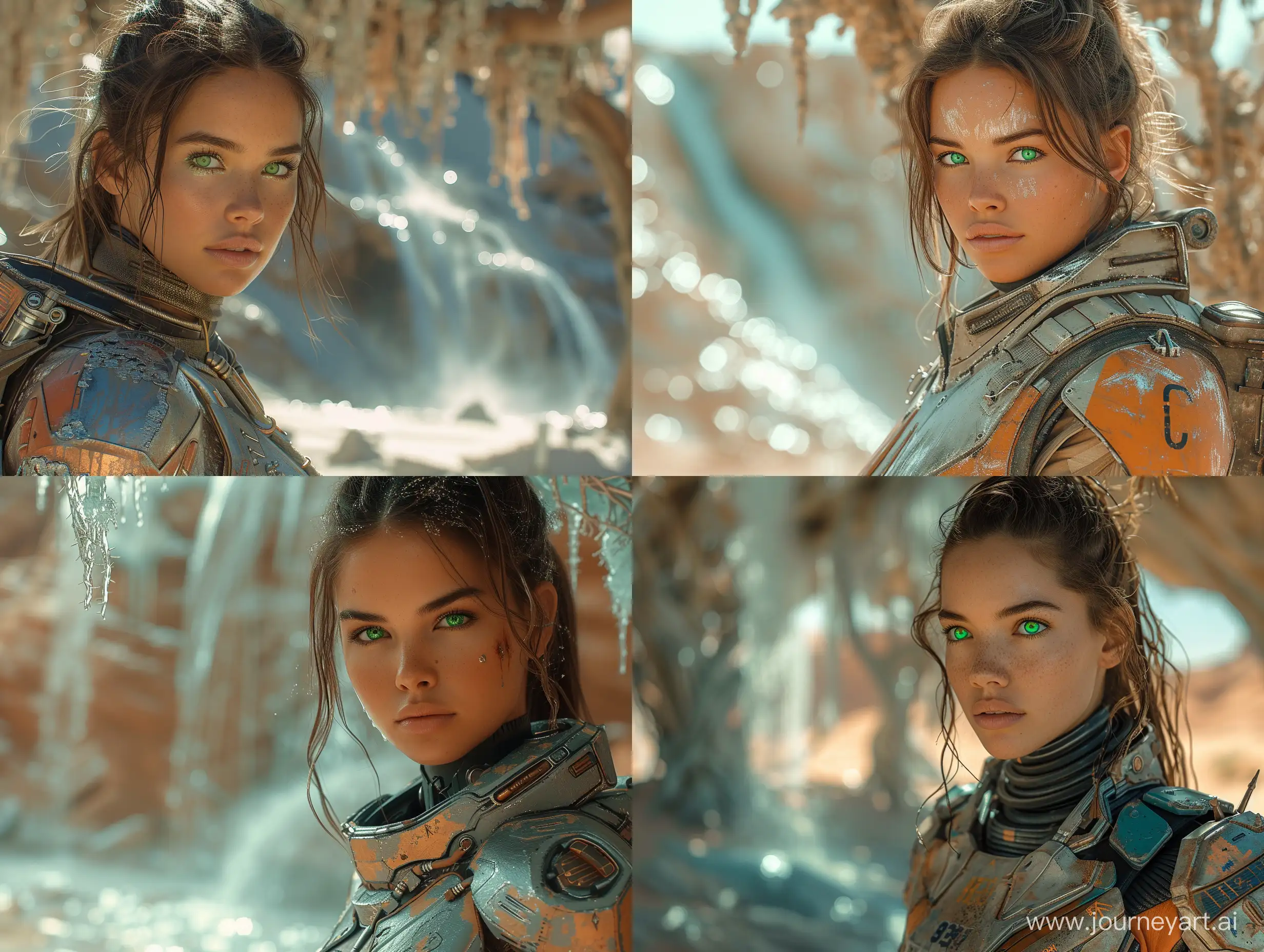 beautiful woman with green eyes in futuristic armor in a desert on a Mars-like planet, where a cascade of silver water cascades over trees that look like moldy mushrooms, view of half of the body, hyper emotional, 32k UHD resolution, depth of field, style expressive, epic background, natural, full shot, dynamic light, 8k, uhd, ultra realistic photo, realistic photography, professional photography, warm cinematic, (cinematic angle:1. 2), best quality, masterpiece, centered, light blue and dark bronze, random rips, sharp/thorny, scout core, depicts real life, leather/leather,<lora:FilmVelvia3:0. 4> --stylize 750