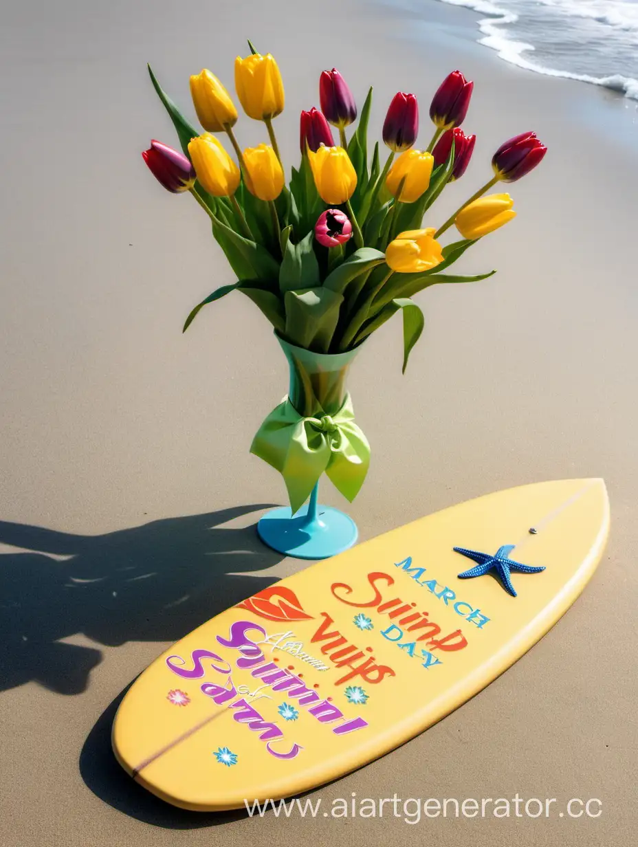 солнце море волны отдых песок пляж 8 марта международный женский день тюльпаны позитив доска для серфинга алкоголь бокал вина букет цветов морская звезда