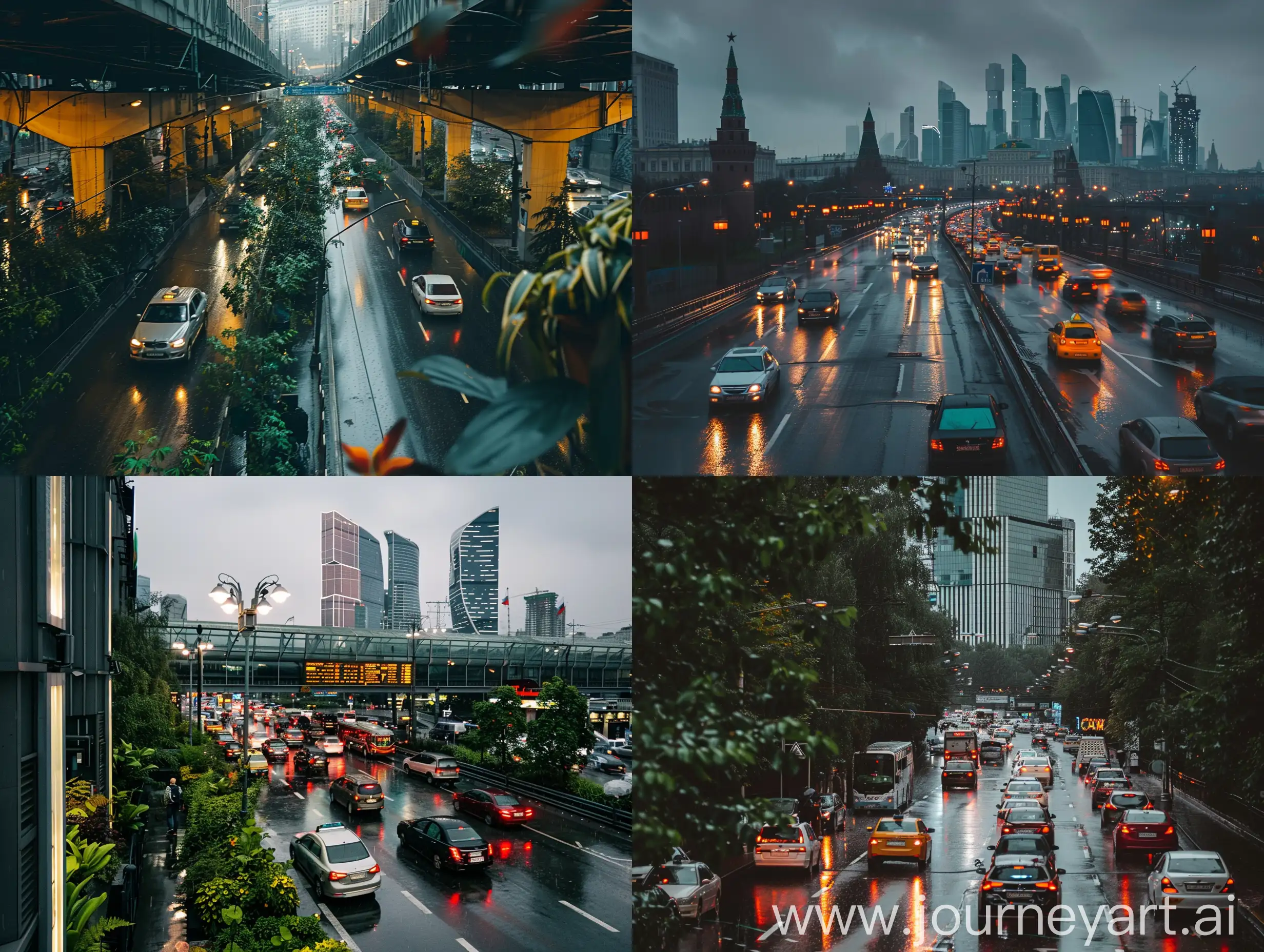 photo of a busy Moscow city, natural lighting, daytime, rainy, lush eco system, photography, style raw, downtown
