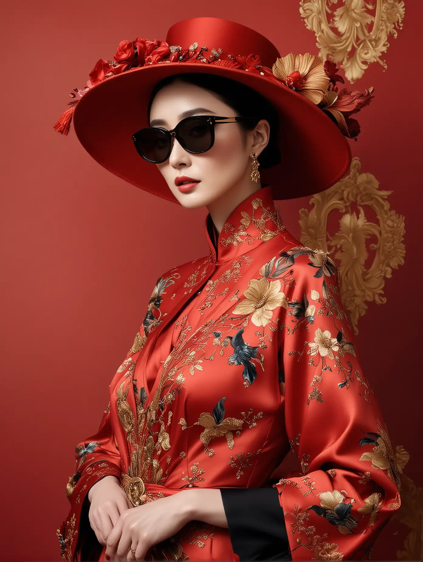 Fan Bingbing , Venetian carnival figure dressed in a designer night dress from either Dior, Gucci, or Armani, topped with an elegant hat, adorned with sunglasses, hands casually placed in pockets, color palette rich in red, golden, and black hues, captured in a Vogue-style fashion, artistic elements echoing the styles of Eiko Ojala and Tracie Grimwood blended with Alberto Seveso's festive touch, fusion of watercolor, soft pastel, and oil accents on a