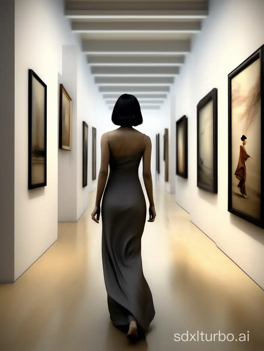 Here is the revised image depicting an Asian woman walking inside an art gallery. The image aims to show her in a natural and fluid motion, with detailed and lifelike facial features, as she turns back towards the camera. The setting remains elegant, highlighting her sophisticated style.
