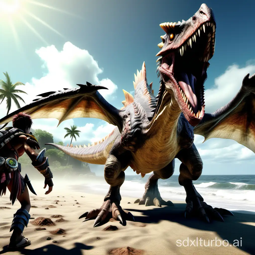 Monster hunter, A dodos bird fight is interrupted by a big and terrifying and ferocious dinosaur with big and sharp teeth in the middle of a beach while it is sunny, there is a lot of fog and you can barely see the background, in the distance you can see the jungle and a lot of vegetation, ultra realistic, best quality, HD, HDR, 8K, detailed, fullbody, warm colors, blender, cinematic, super resolution,