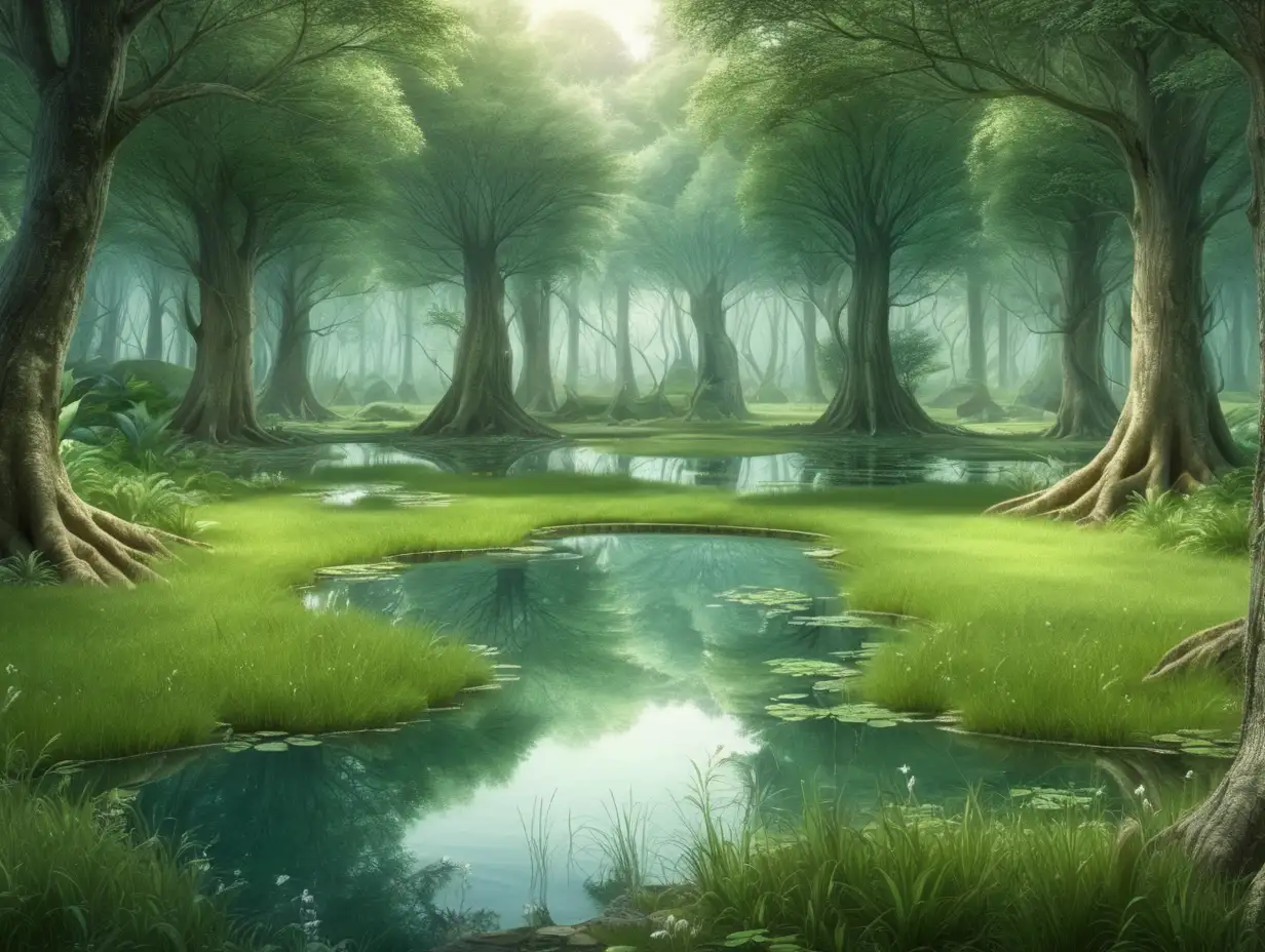Forest with a pond in the middle. Fantasy, beautiful, a patch of grass in the middle