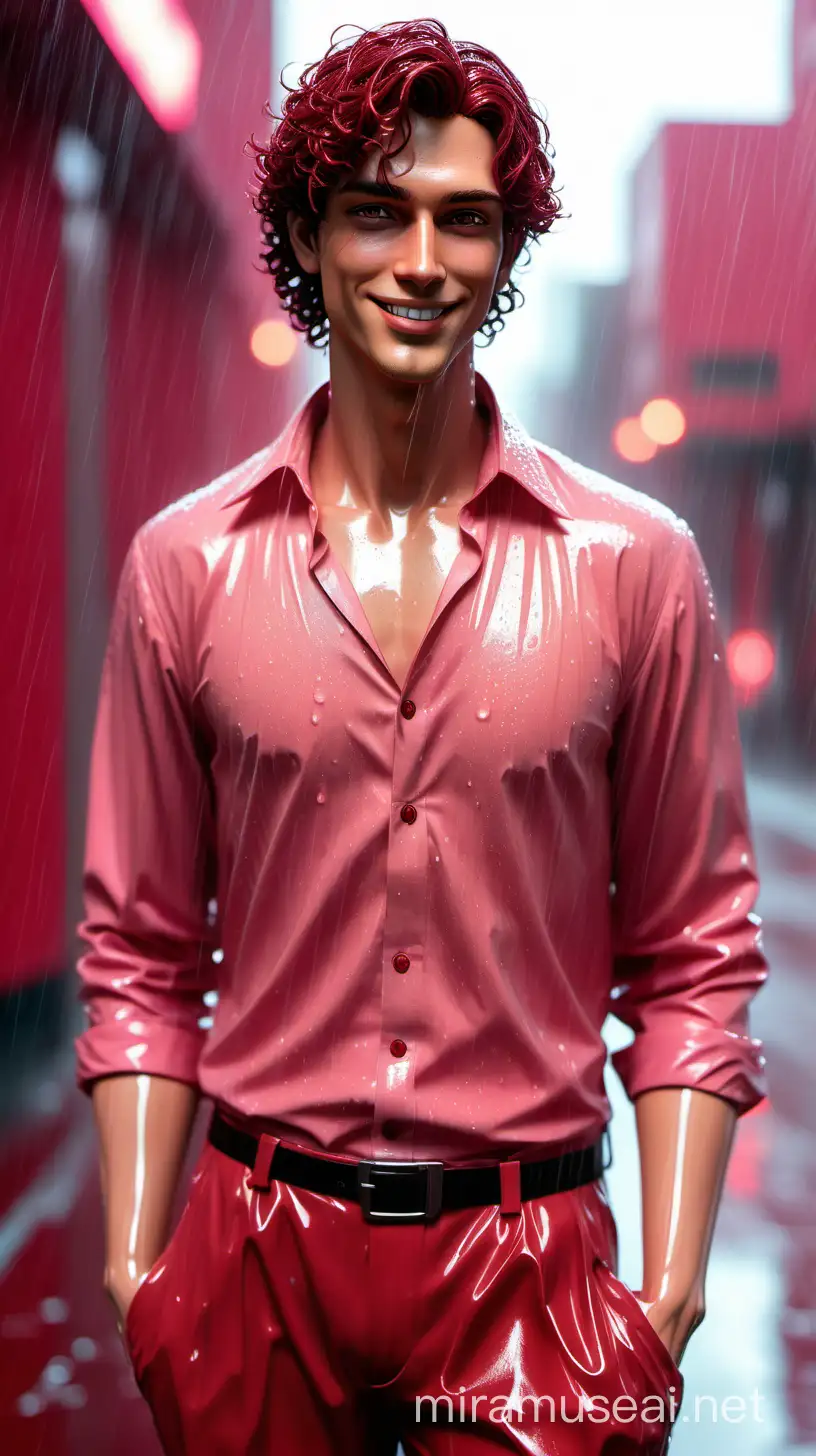 A handsome male life like android standing under rain in a red background. He has short curly dark red hair, necklace and glowing brown eyes. His light rose buttoned shirt became transparent under the rain. His light rose pants cling onto their legs. He is smiling, looking at the camera