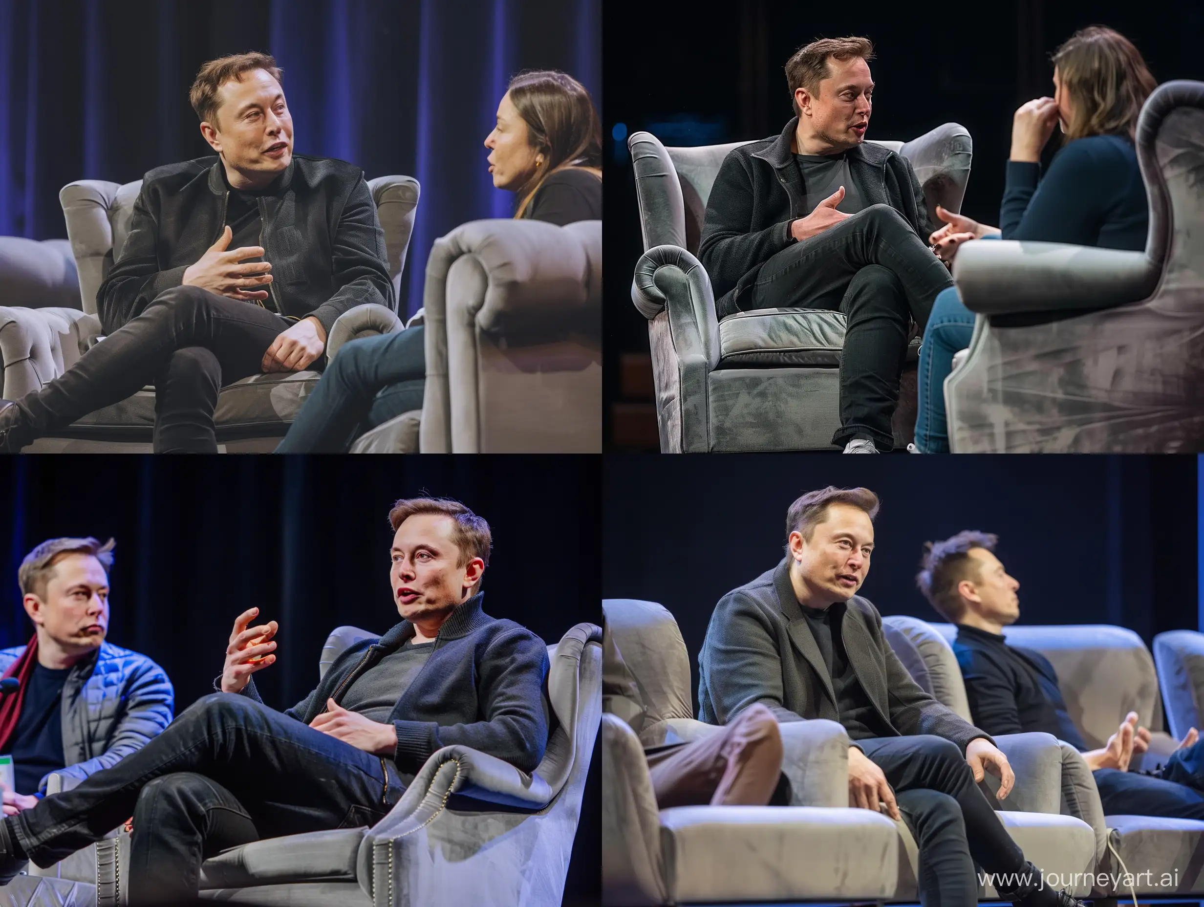 A cinematic closeup photo of Elon Musk on a stage sitting on a grey plush armchair talking to another person, also on a similar chair