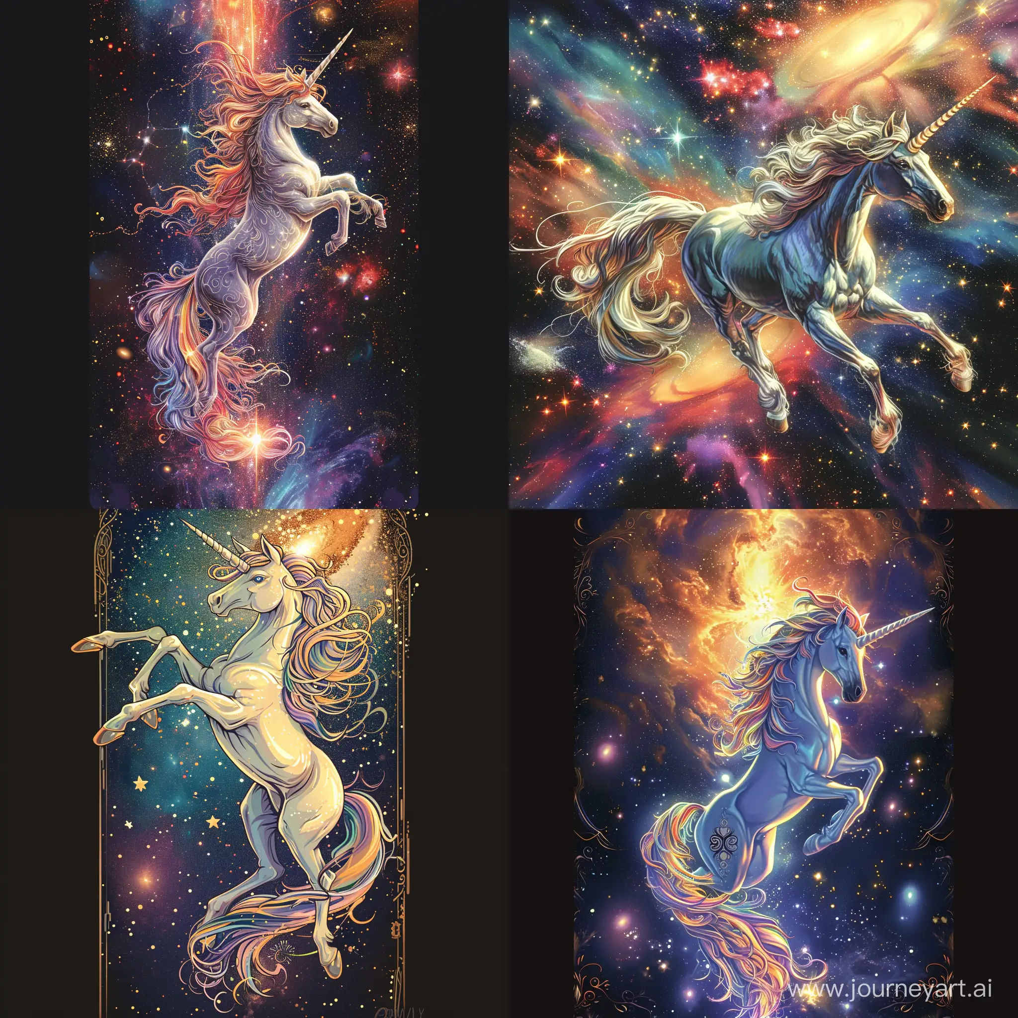 a bookmark a majestic Unicorn soaring through a cosmic galaxy, illustrated in intricate detail. The artwork portrays the unicorn's dynamic glide amidst the cosmic stars, its long tail creating a mesmerizing pattern against the galactic backdrop. Rich and vibrant colors intensify the celestial setting, emphasizing the unicorn's grandeur. The unicorn displays an aura of strength and nobility through its expression. The lighting highlights the unicorn's intricate details against the cosmic expanse. Pro vector, perfect MINIMALISTIC art HIGH QUALITY details, Ultra high details, full design, victoria, vibrant vector, deep lines, heavy strokes.
