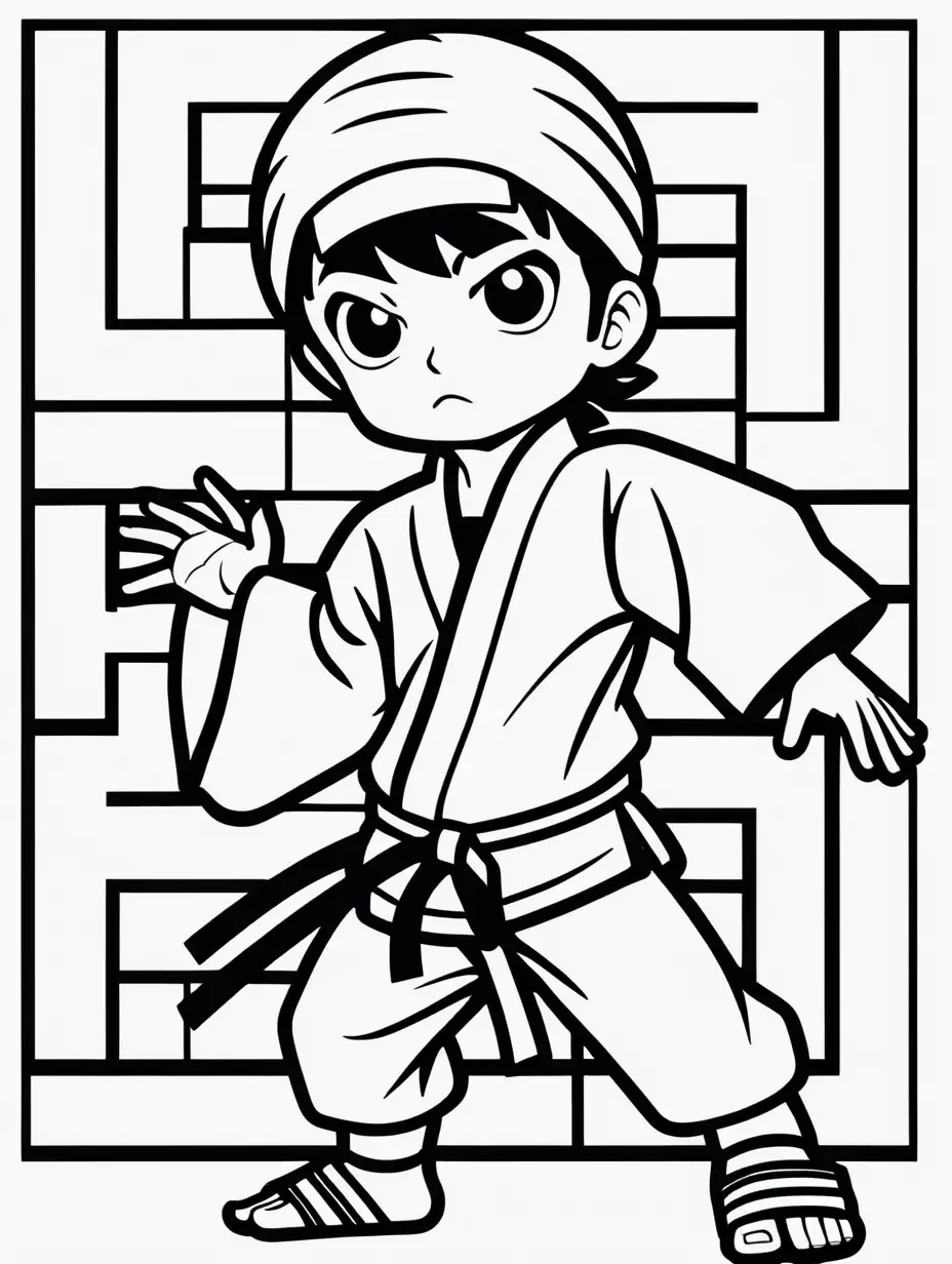 A cute, karate kid wearing a ninja suits, in a karate poses, black and white coloring page, no grey, no fill, solids lines, kanji background