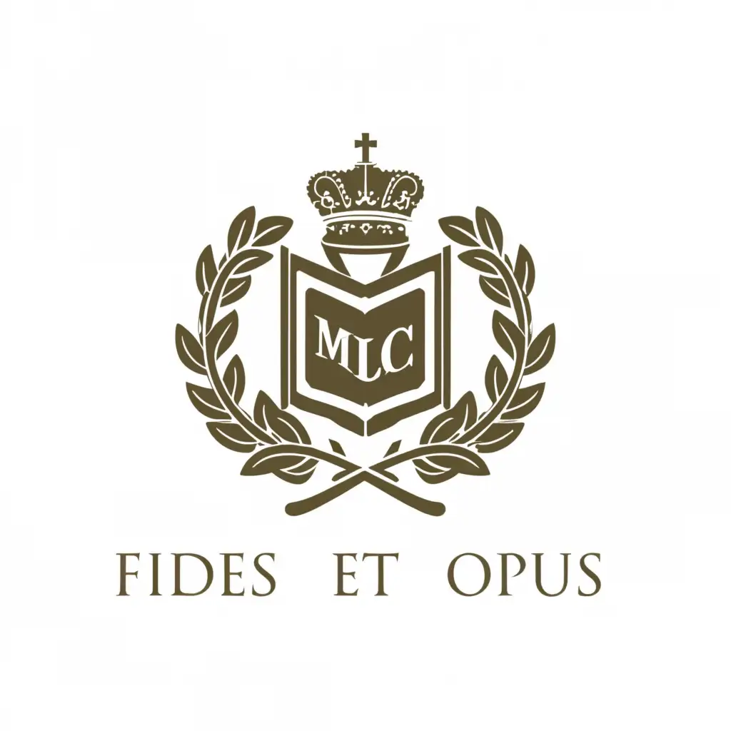 a logo design,with the text "MLC", main symbol:Laurel  wreath with the book in the middle. Under it the sign MLC. Two lions from both side standing on two legs and keeping the sign with two others and the portrait of beautiful Jesus above it. Also in the book there  is an inscription " Fides et opus",Minimalistic,be used in Education industry,clear background