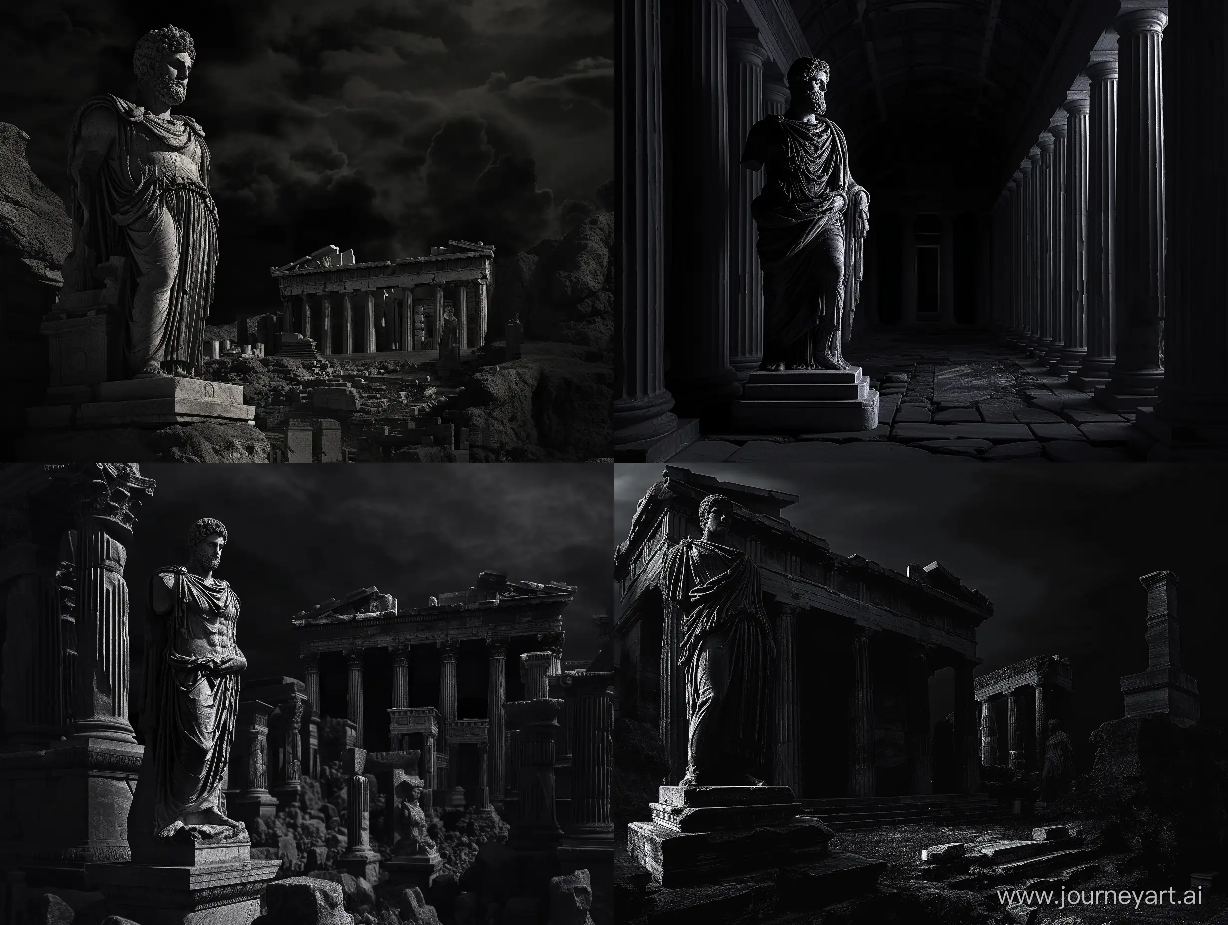 A dark landscape image of an ancient greek society deeply connected to stoicism, black and white, ancient greek architecture, include one single big statue of a stereotypical strong greek man, marcus aurelius