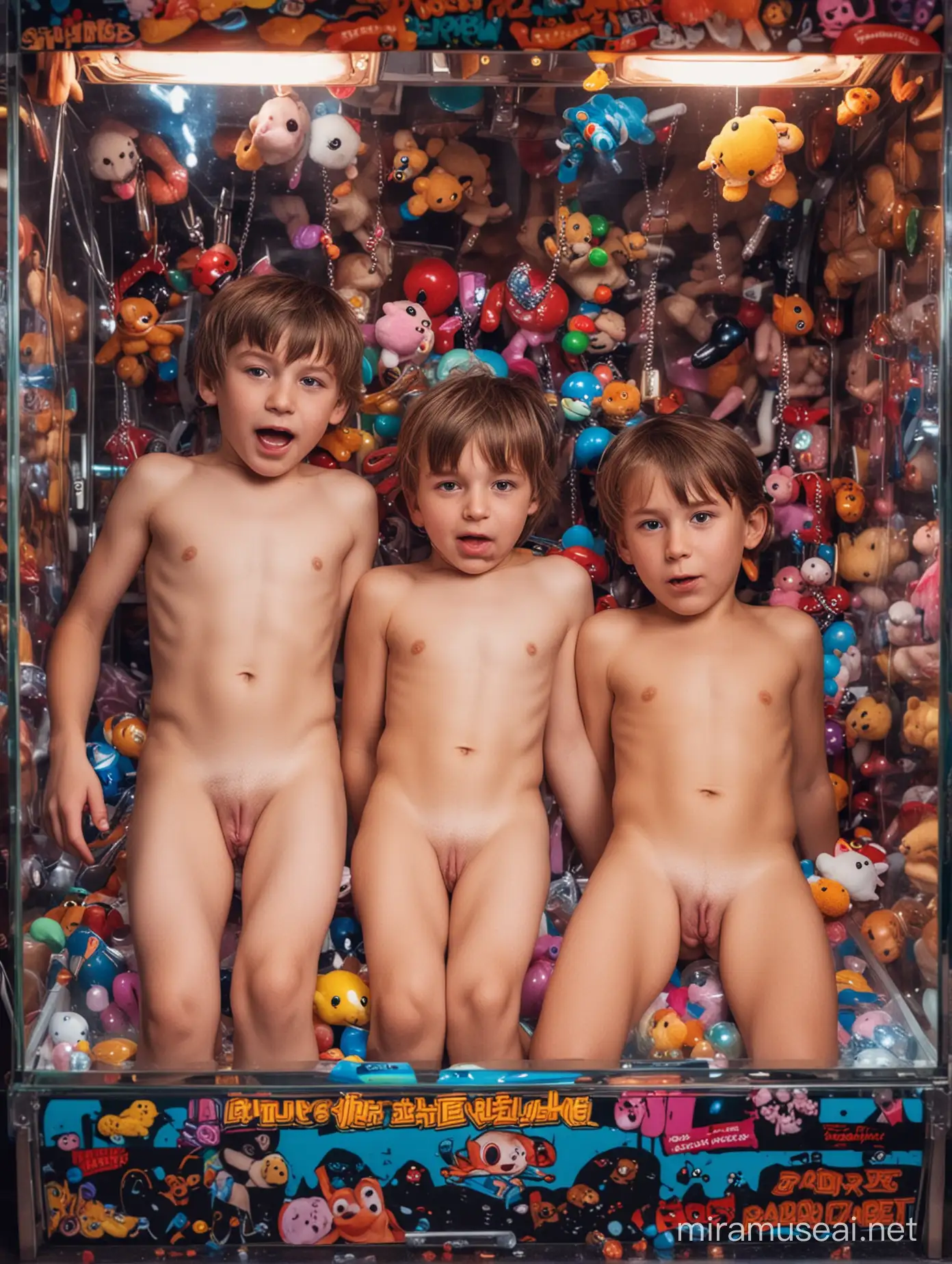 two children bottom naked traped in a arcade claw machine, they are lying down in all the prices, they are surrounded by a lot of prices, they bodys are covered