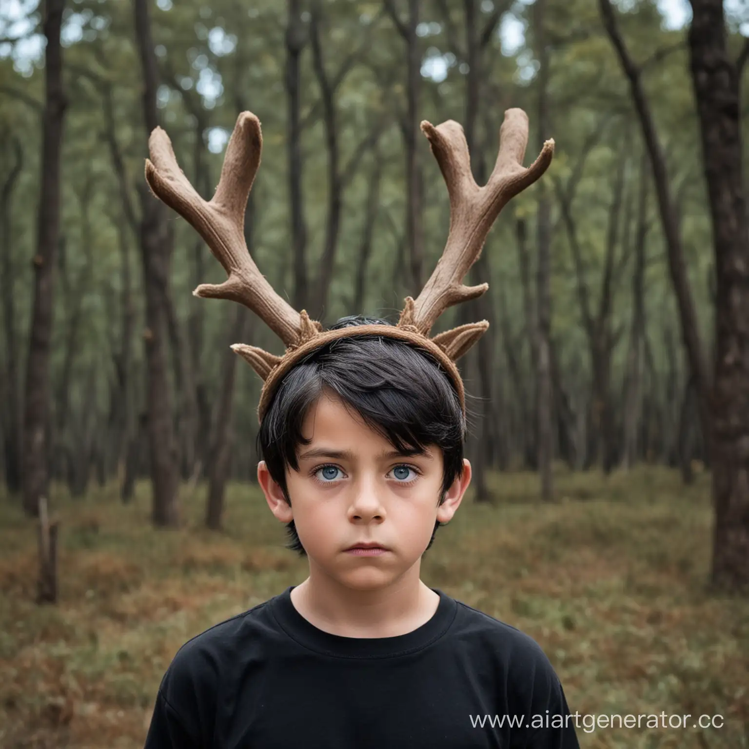 Portrait of a boy with black hair and expressive blue eyes, serious expression, wearing a black shirt, with reindeer antlers, nature background, dramatic daytime lighting