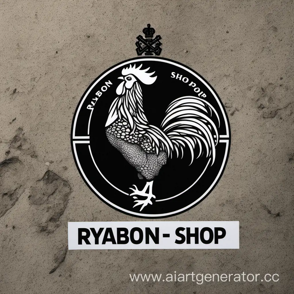 Петух  в одежде stone island внизу надпись на английском "Ryabon shop" в чёрных тонах