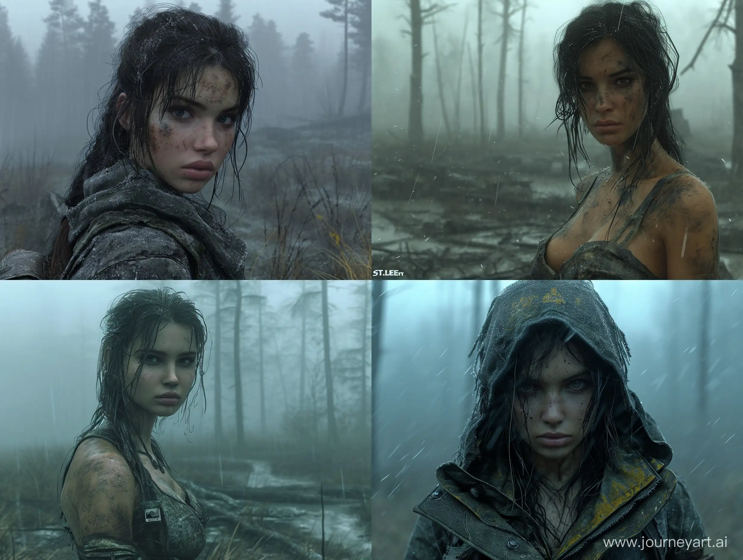 Beautiful female mercenary in videogame S.T.A.L.K.E.R dark weather dead trees --s 500 --style raw --v 6