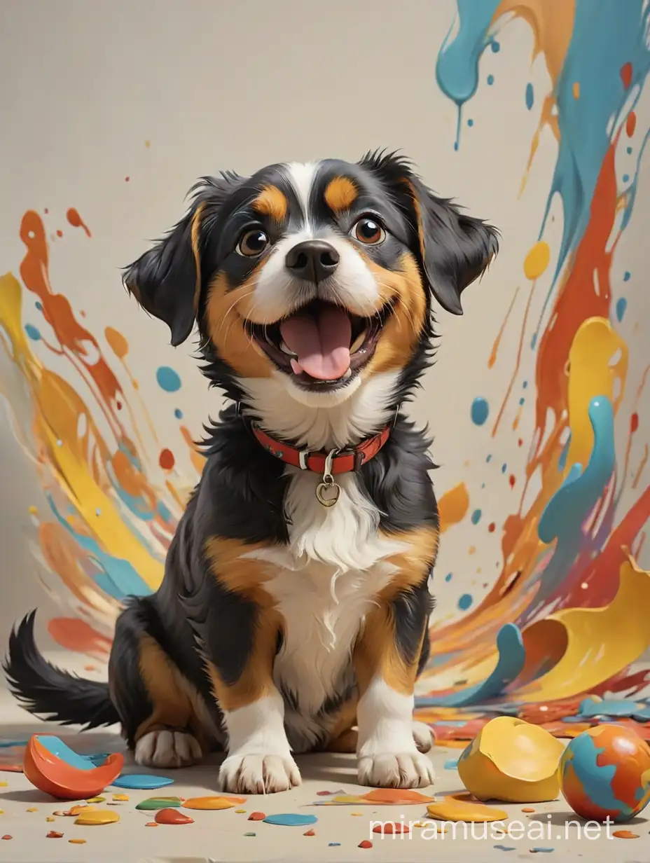 art movement focused on emotional impact through free-flowing shapes and colors, often without depicting real objects, with tiny happy Sarabi dog sitting on the foreground