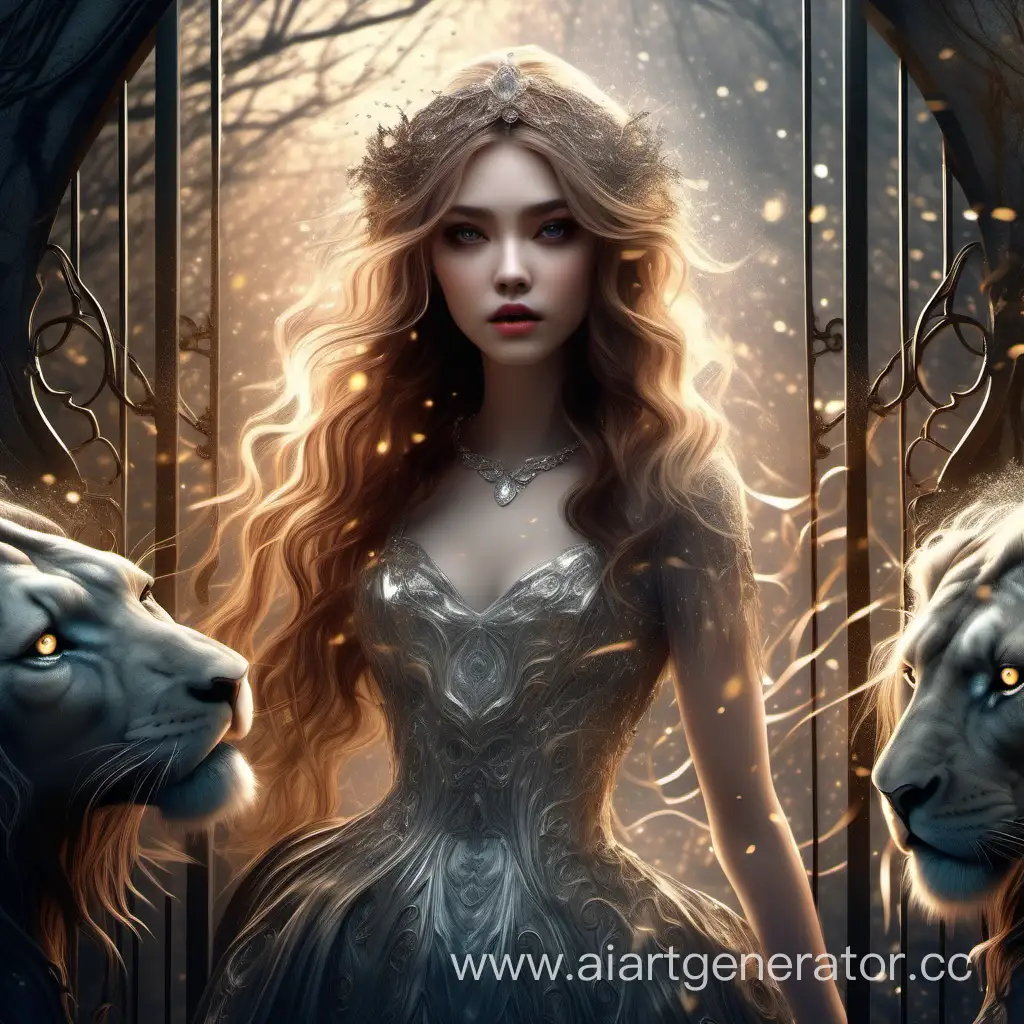 a fantastically beautiful girl stands at the ancient gate with lions, thin pale, very beautiful, brown hair, huge expressive eyes, in the mulberry bushes, in a whirlwind of ribbons and bows, in a whirlwind of sparks, fantasy art, ultra-detailed, hyperrealism, Christiandior, dark world,  bokeh and shimmering dust, flawless lines, high-precision detail, grunge style, chrysoberyl