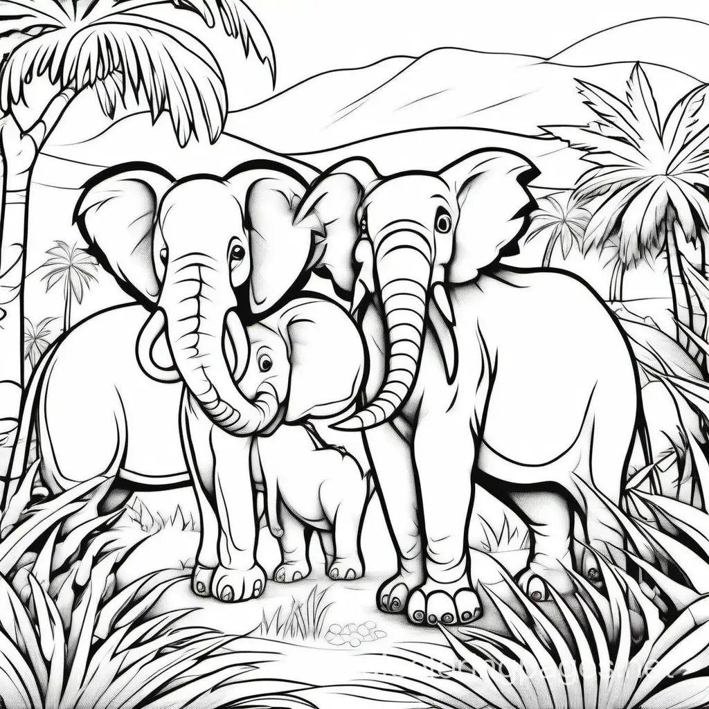 Safari animals in action, coloring book page, clear thick outlines, savanna background, –no complex patterns, shading, color, sketch, color, –ar 2:3, Coloring Page, black and white, line art, white background, Simplicity, Ample White Space. The background of the coloring page is plain white to make it easy for young children to color within the lines. The outlines of all the subjects are easy to distinguish, making it simple for kids to color without too much difficulty