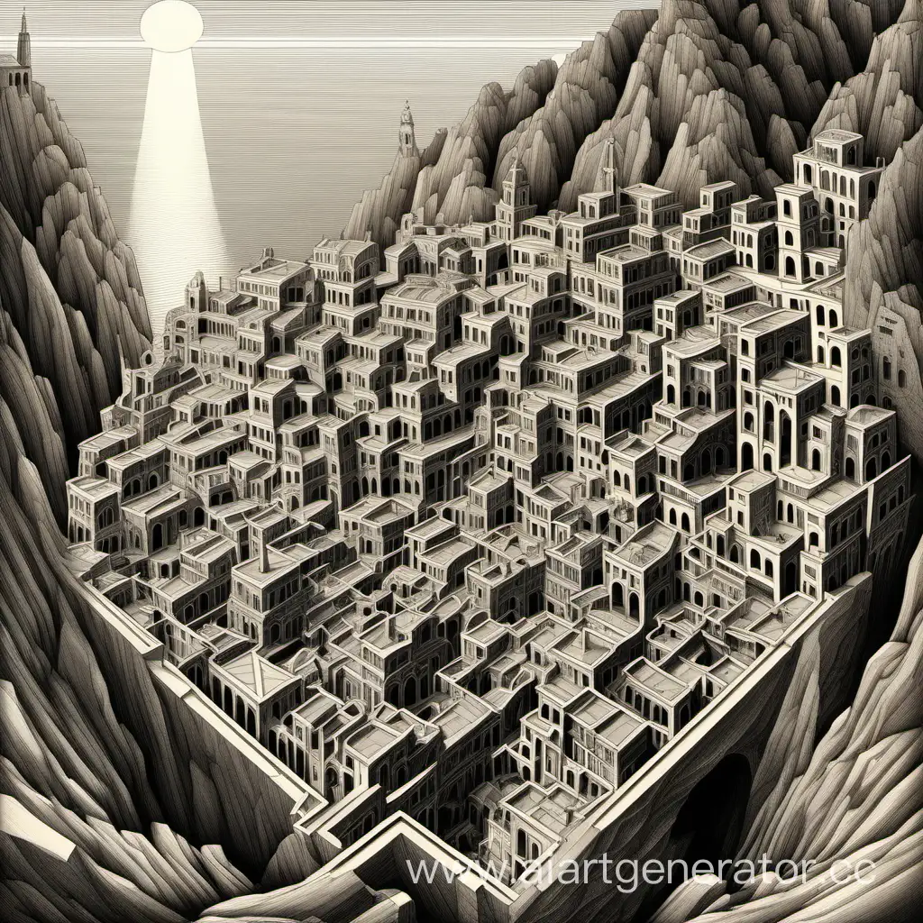 Futuristic-Isometric-Cityscape-Resembling-Maurits-Escher-Art-with-Warhammer-Star-Wars-Elements-on-the-Atrani-Coast