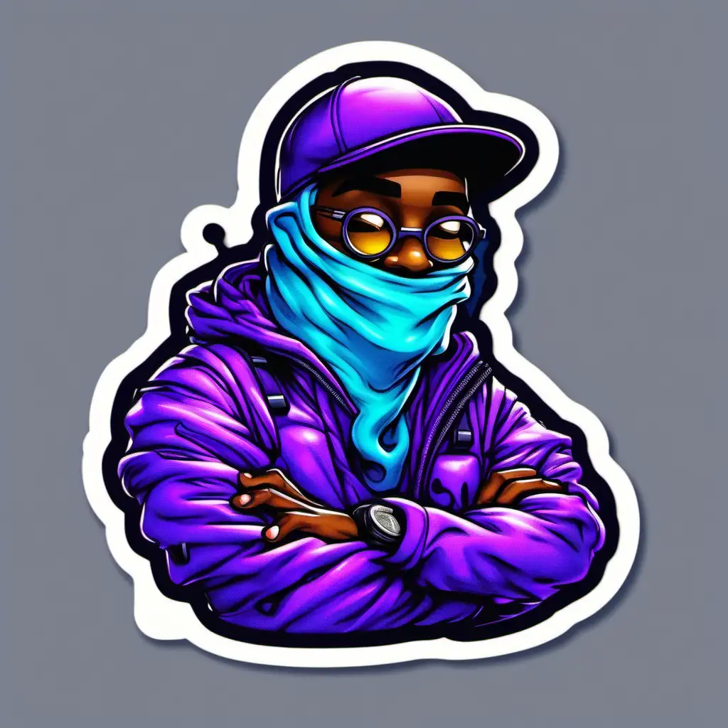 cartoon roadman with a blue and purple slimy tech fleece on as a sticker icon