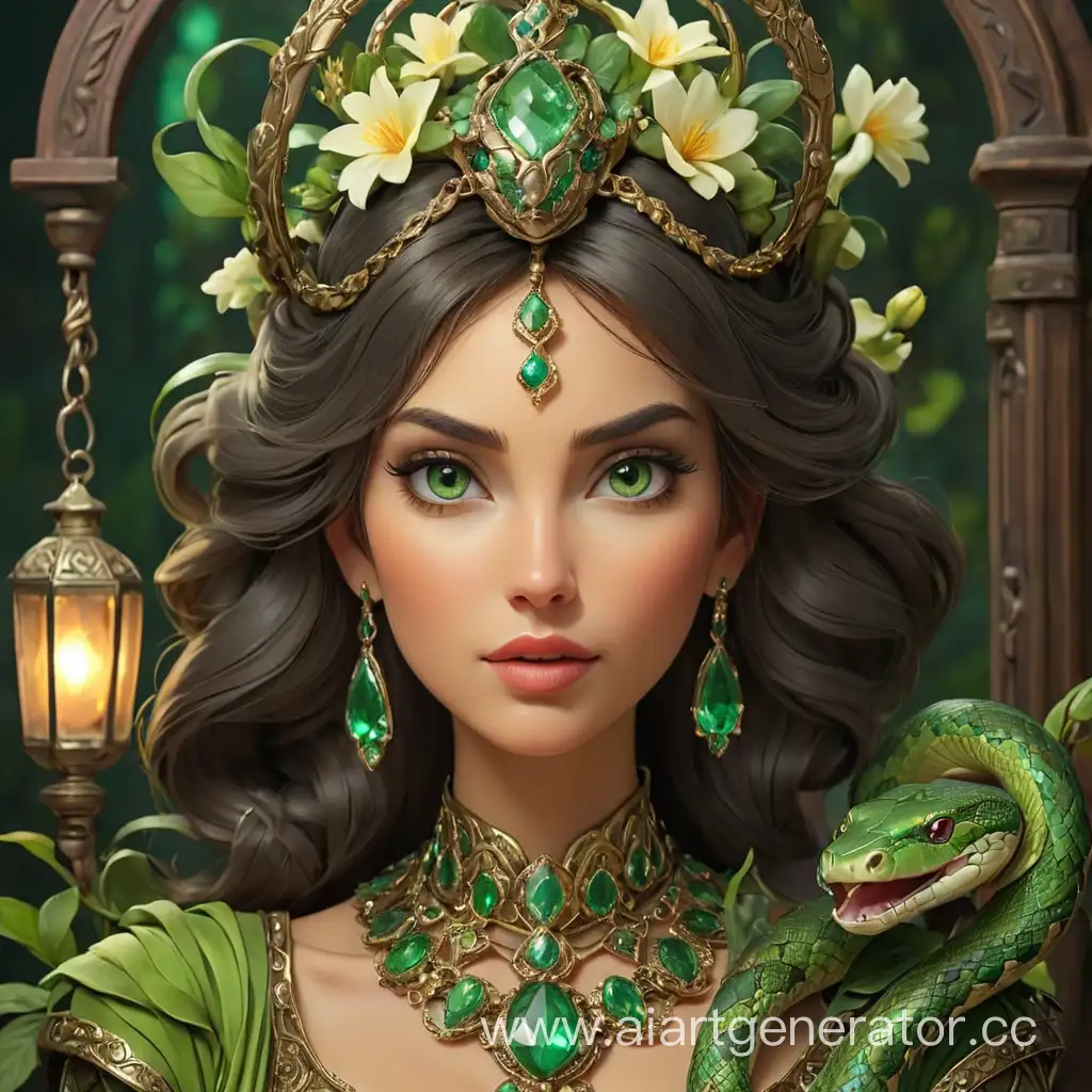 Enchanting-Snake-Woman-with-Diadem-and-Antique-Lantern-Amidst-Flowers-and-Jewels