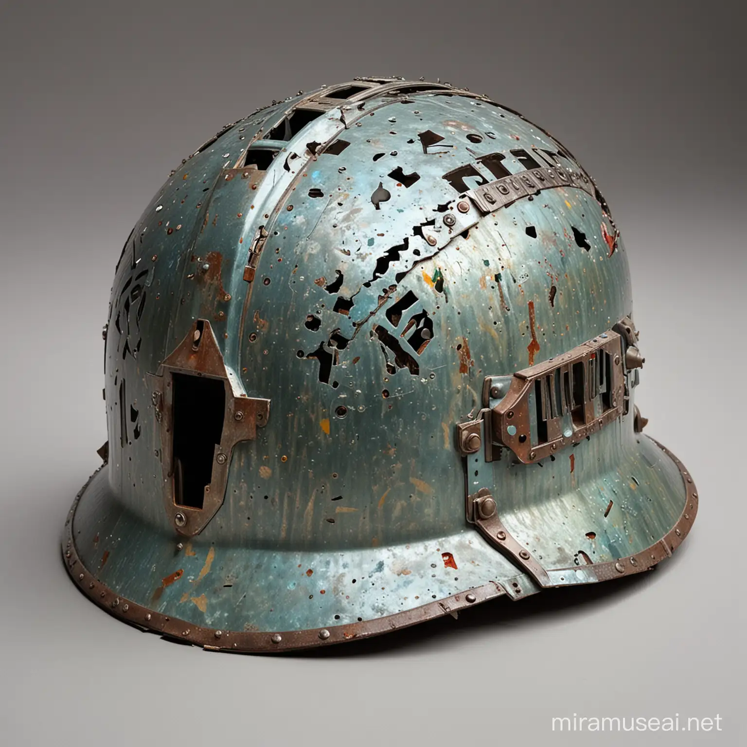 A world war 2 style helmet with an iridescent sheen and small circuits interconnected around it. It is damaged, broken and bloodstained. 