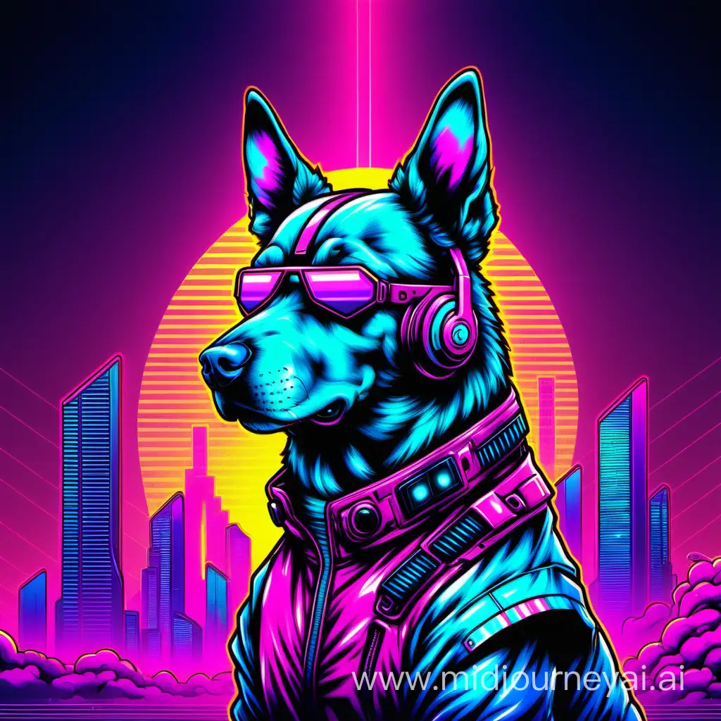 Synthwave Vaporwave Cyberpunk Dog Illustration
