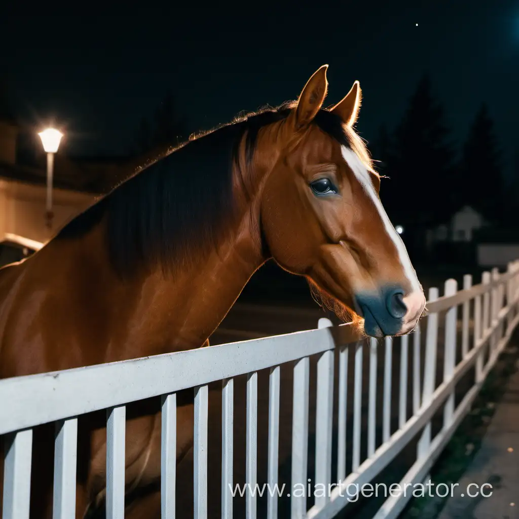 Лошадь стоит  и смотрит вдаль за маленьким белыс забором на улице ночью