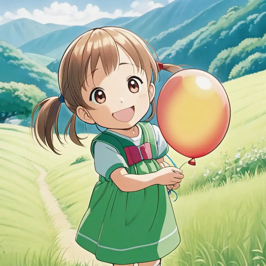 japanese anime inspired, 5-year-old little girl smiling in green Hill with a balloon, long shot