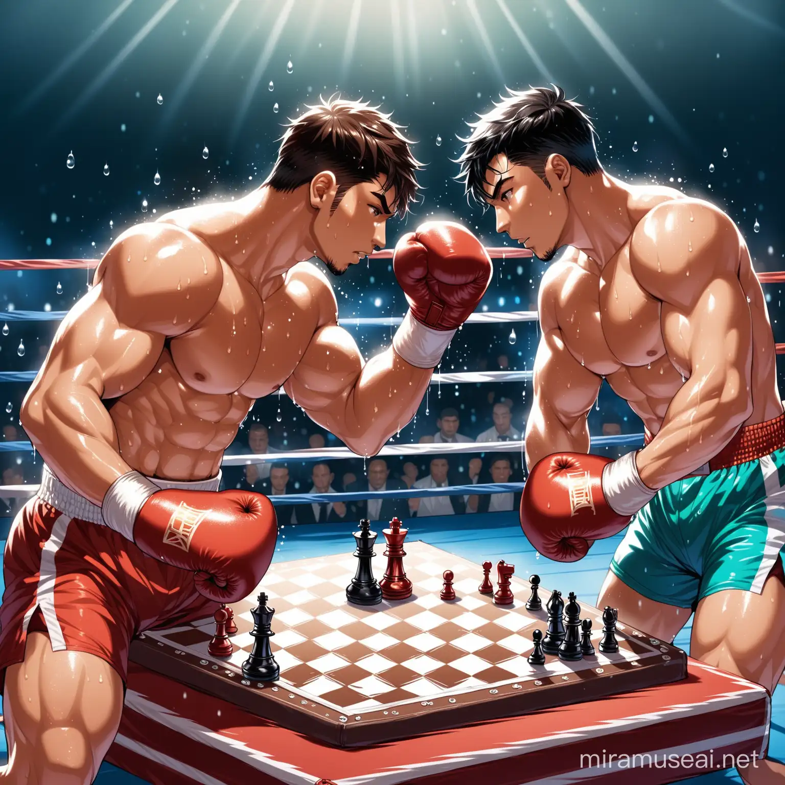 Super sexy buff boys boxing over a chess board in the middle of a boxing ring, they are glistening with sweat droplets and the chessboard has tiny chess pieces that are also boxing