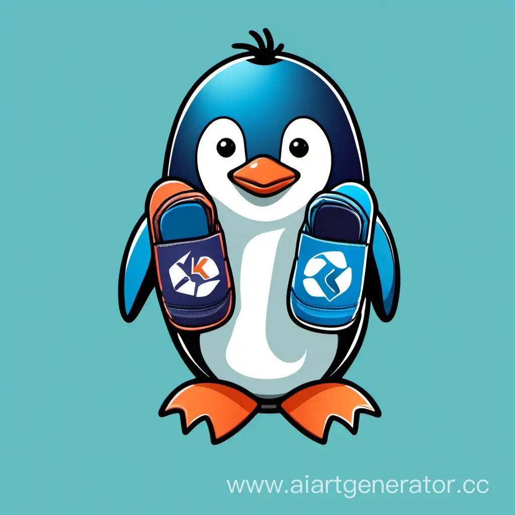 Логотип: пингвин и с логотипом Ubuntu в синих кедах с логотипом KDE