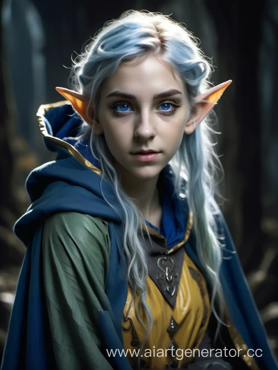 painted portrait of an elf girl with a medium disheveled dirty-yellow hair and gray eyes, sharp ears, and a blue cloak on the shoulders