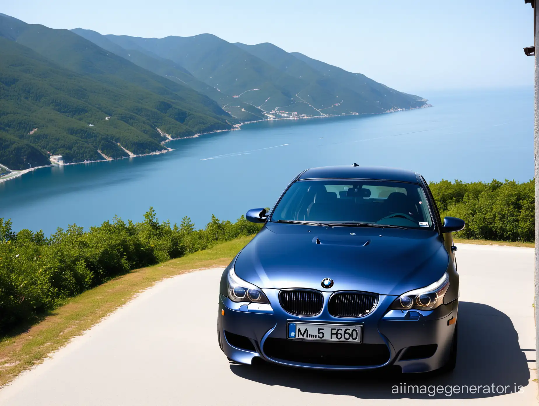 Beautiful BMW E60 M5 with a view of the Black Sea in the mountains, in dark blue matte