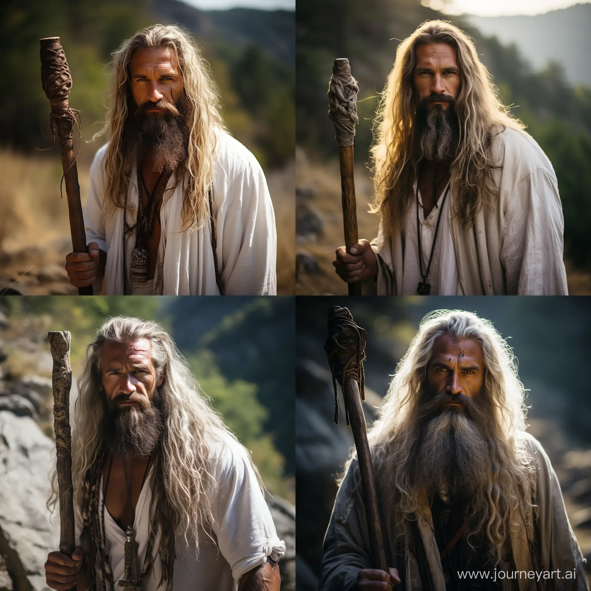man of Slavic appearance, blond long beard and hair, holding a staff in his hand, dressed in white clothes, nature in the background, sunny day, dynamic pose, diffused lighting from the side of the face --style raw --stylize 600