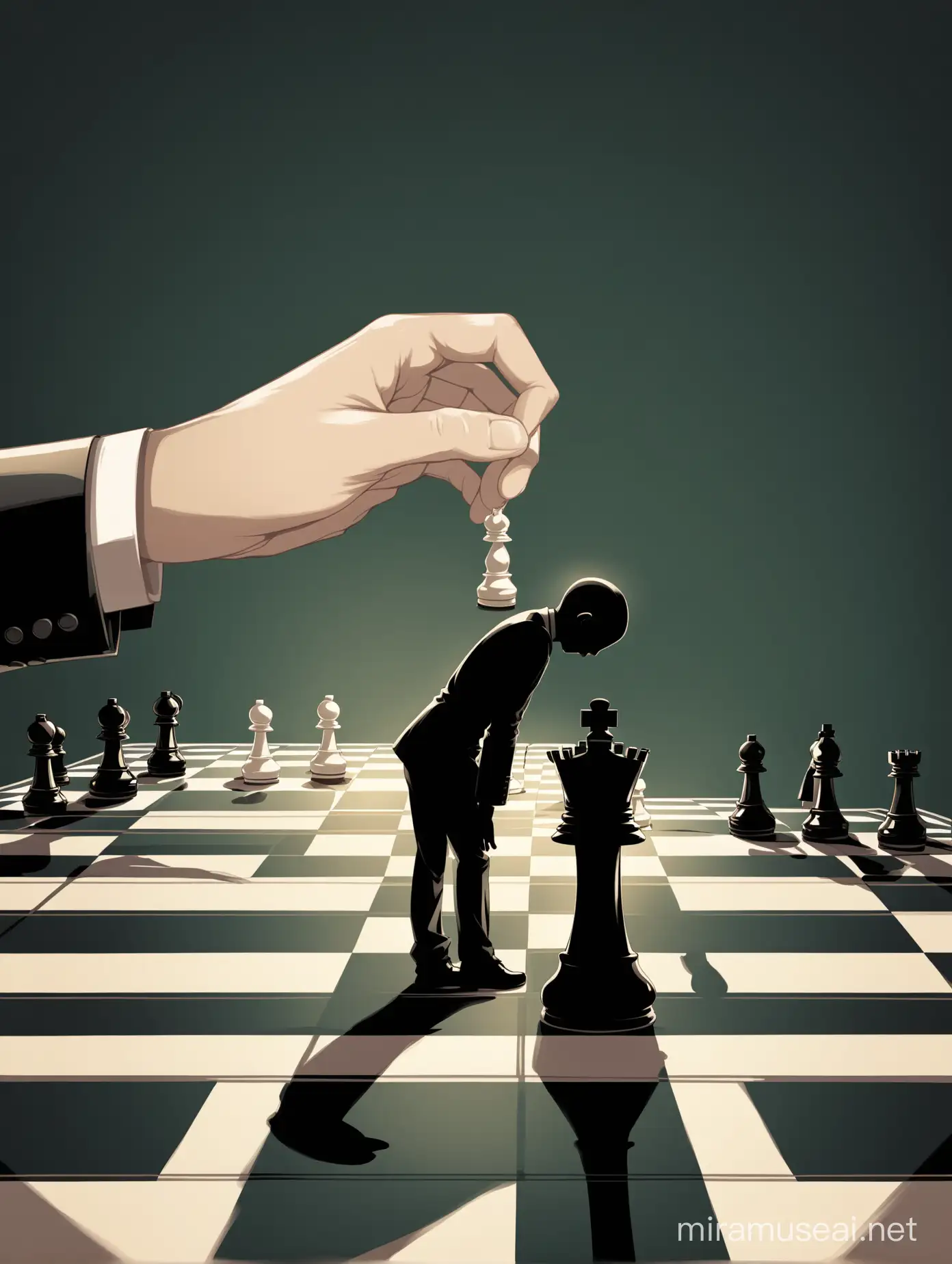 a human standing with head down, standing on chessboard with a hand putting a pawn over him
