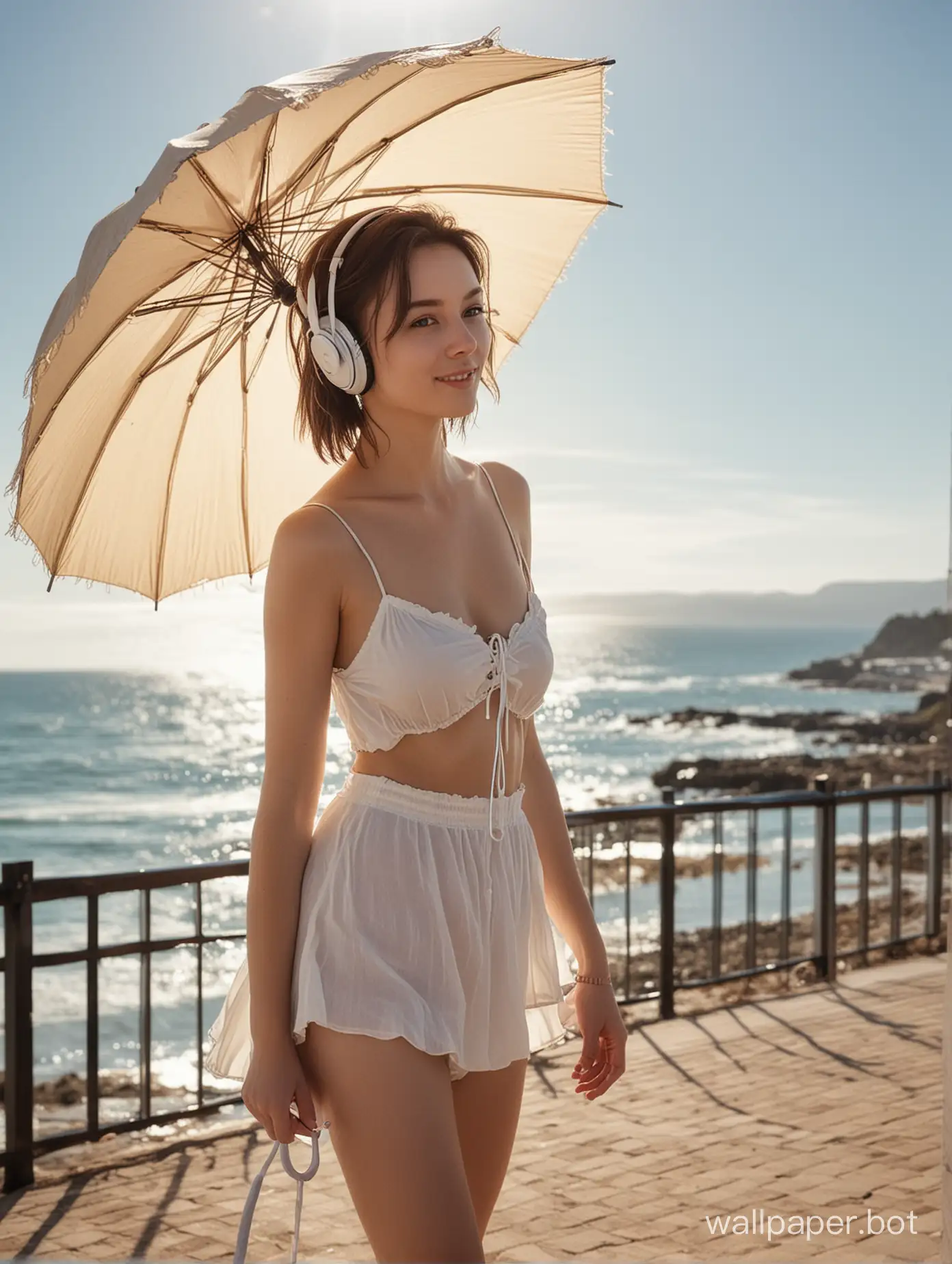 Girl with headphones walking the sunny day with an umbrella at ocean side view, small tits bust