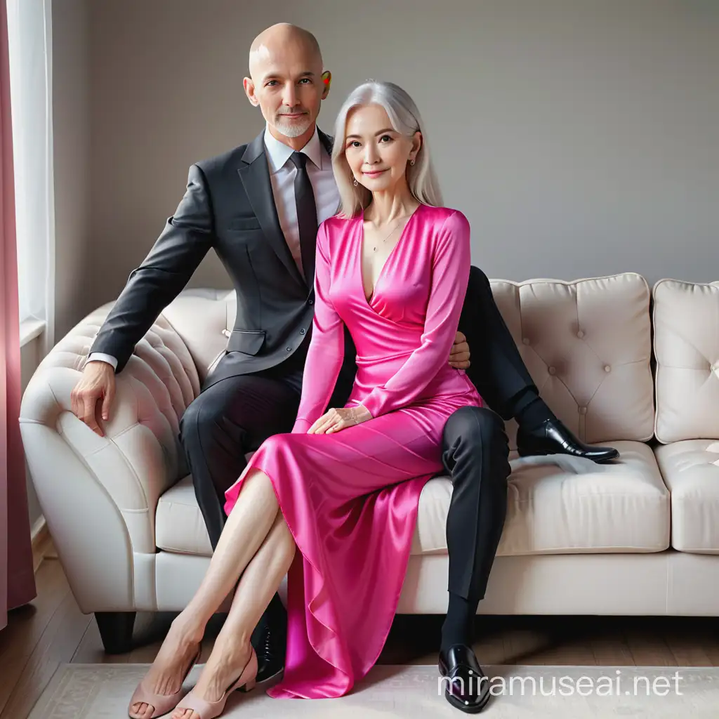Elegant Mature Woman Sitting on Lap of Young Man in Executive Attire at Home