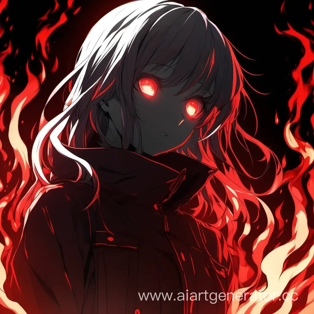 anime girl, dark face, red filter and red light, borne in fire, detail shadows