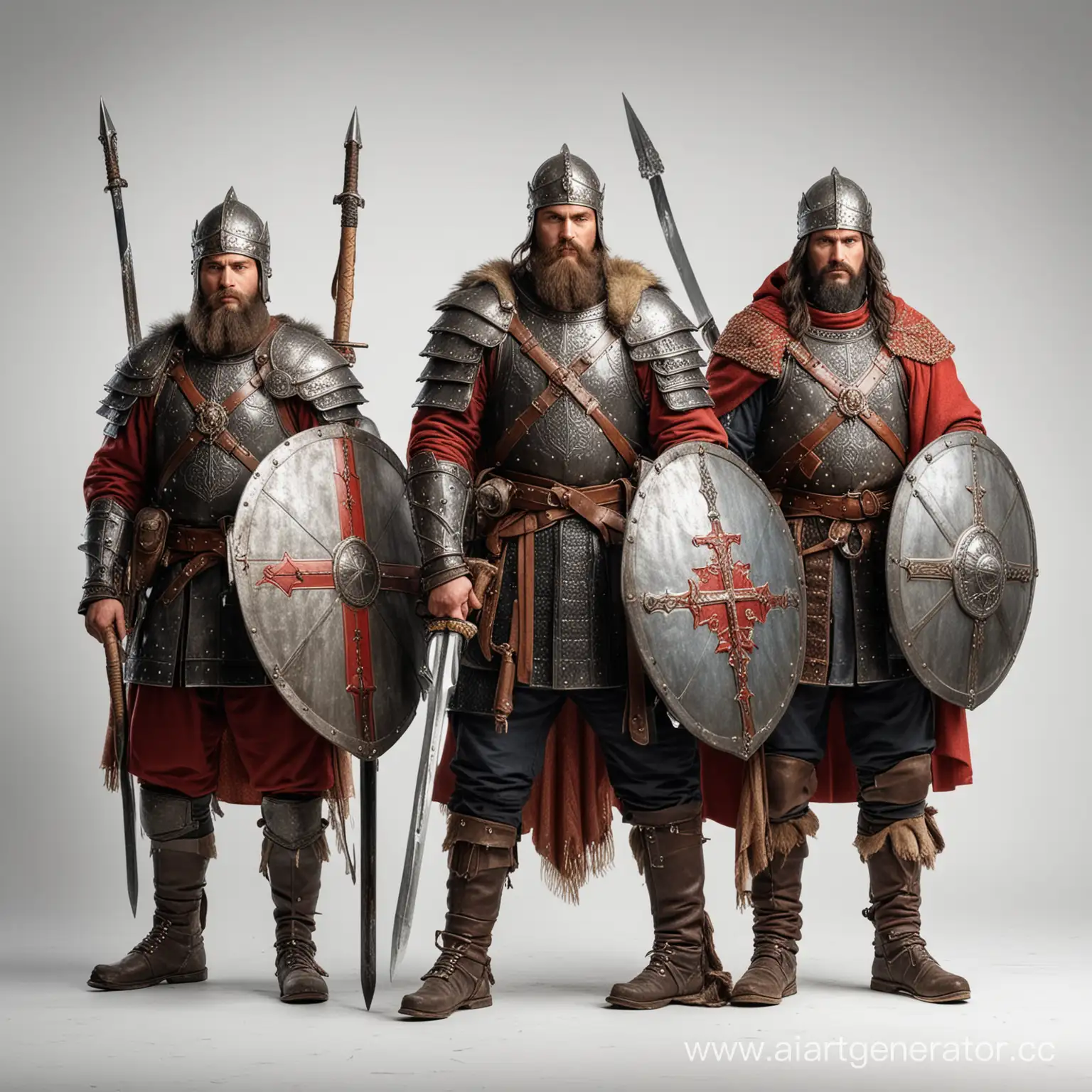 три богатыря славянские воины, русские витязи, на белом фоне, в полный рост, реализм, со щитом впереди, в руках меч, копье,  булава, в красных плащах